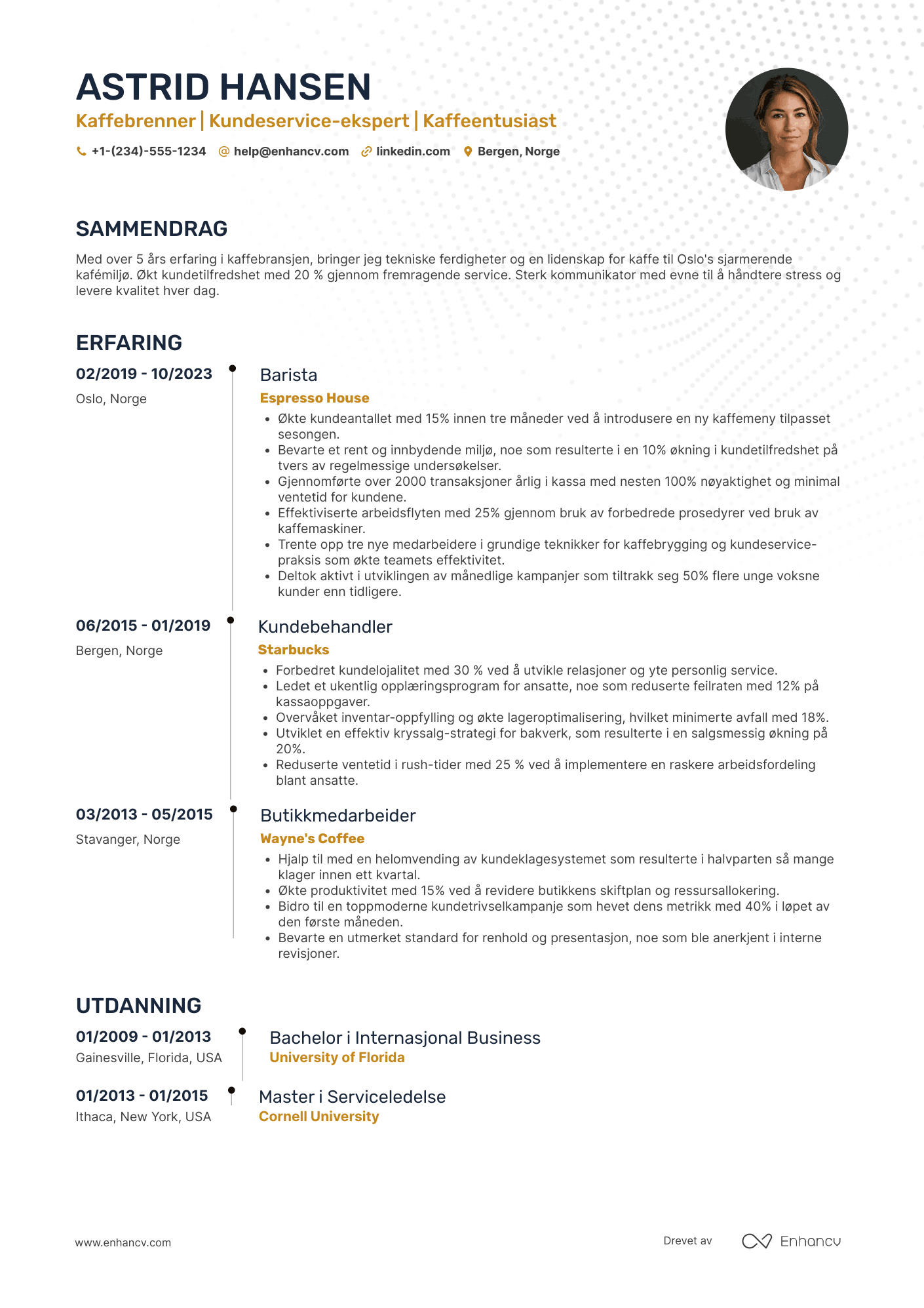 CV for Restaurantmedarbeider Barista Resume Example