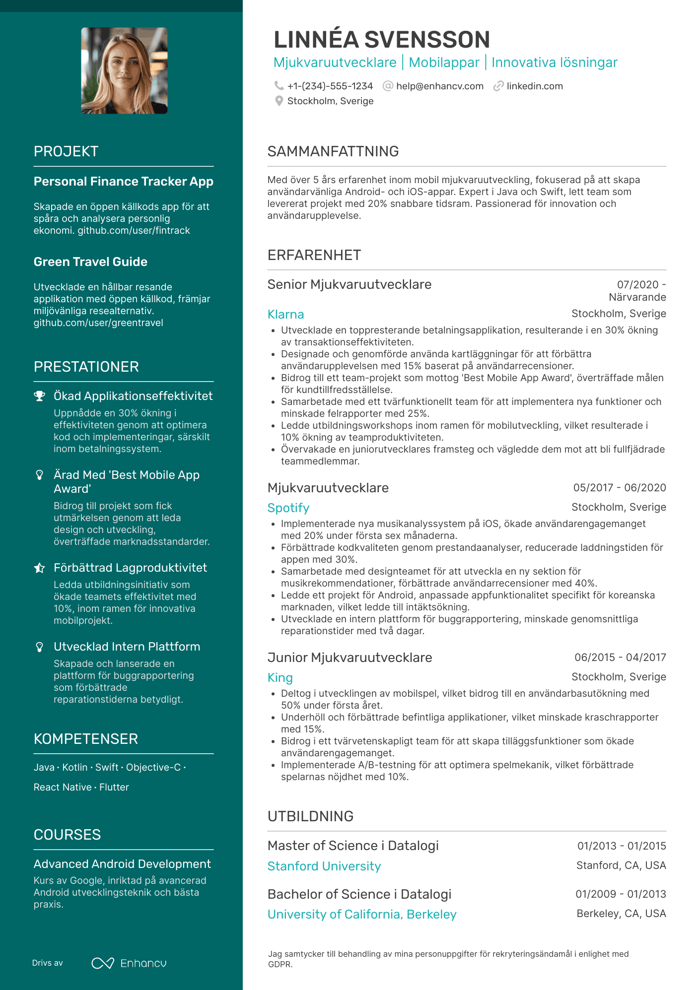 CV för Mjukvaruutvecklare Mobil Resume Example