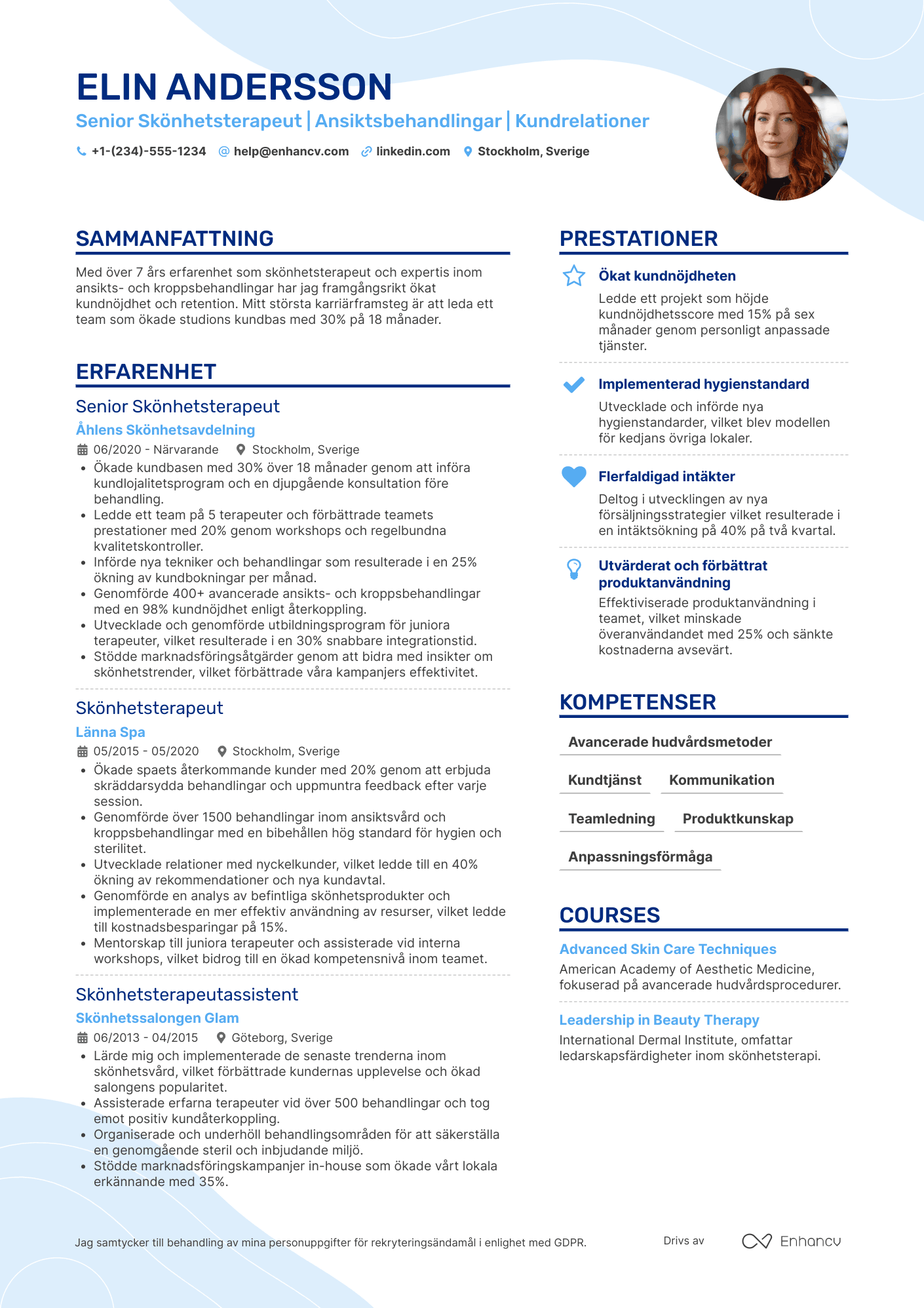 CV för Senior Skönhetsterapeut Resume Example