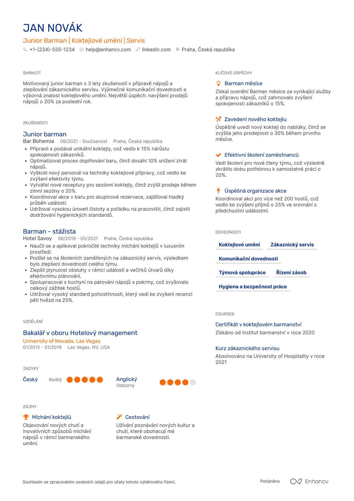 Životopis pro Junior barman Resume Example
