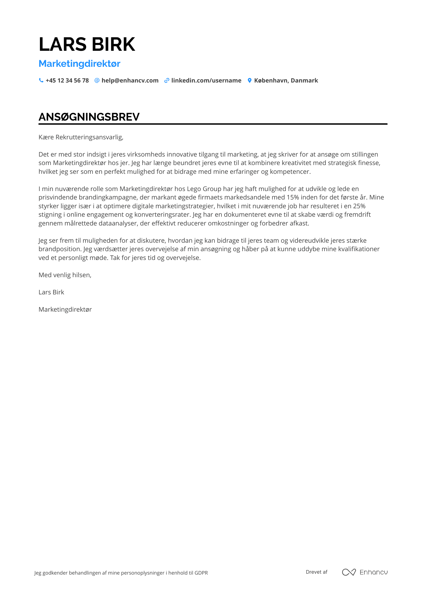 Ansøgningsbrev til Marketingdirektør for brandkommunikation Resume Example