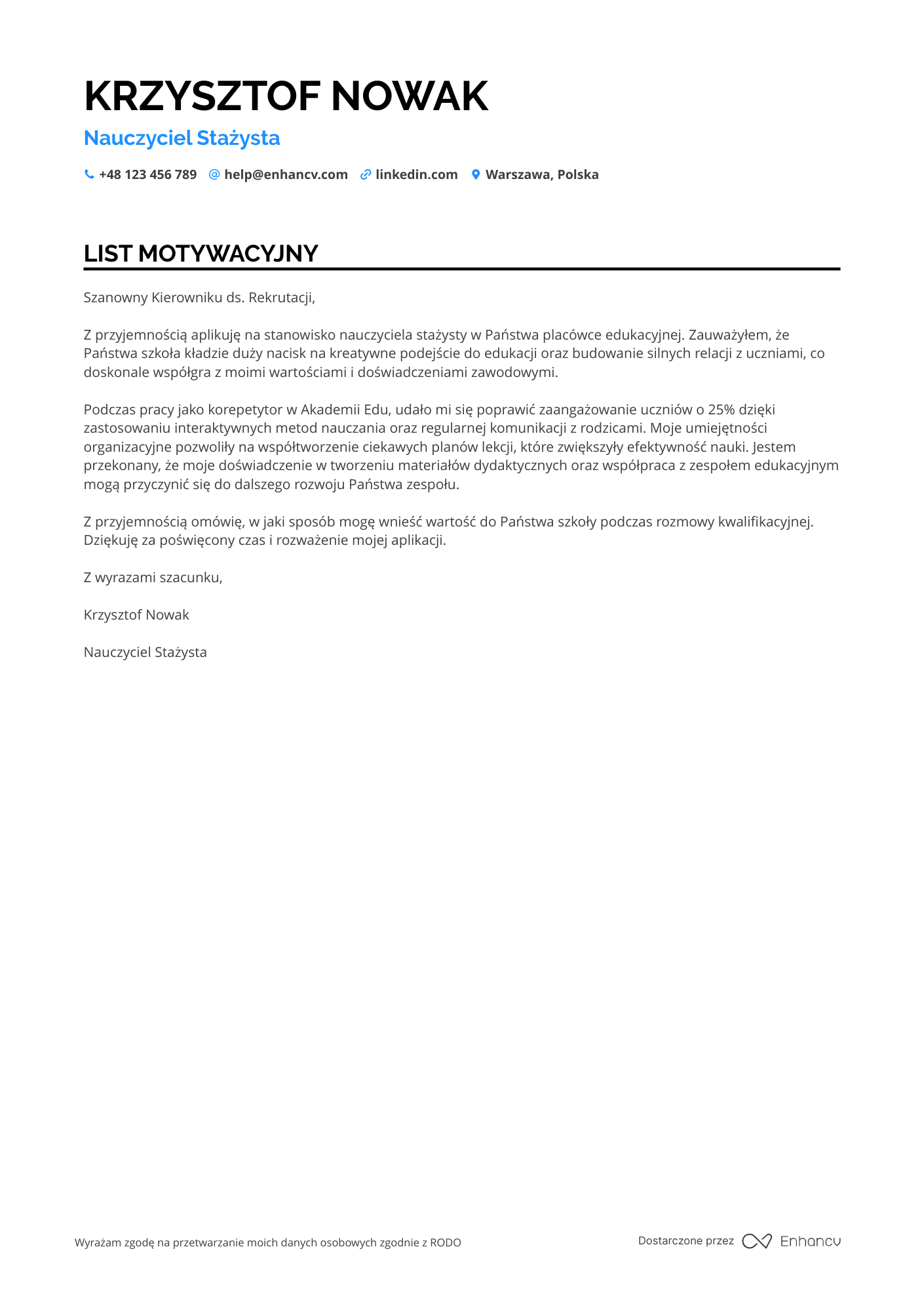 List motywacyjny dla Nauczyciel Edukacji Wczesnoszkolnej Nauczyciel Stażysta Resume Example