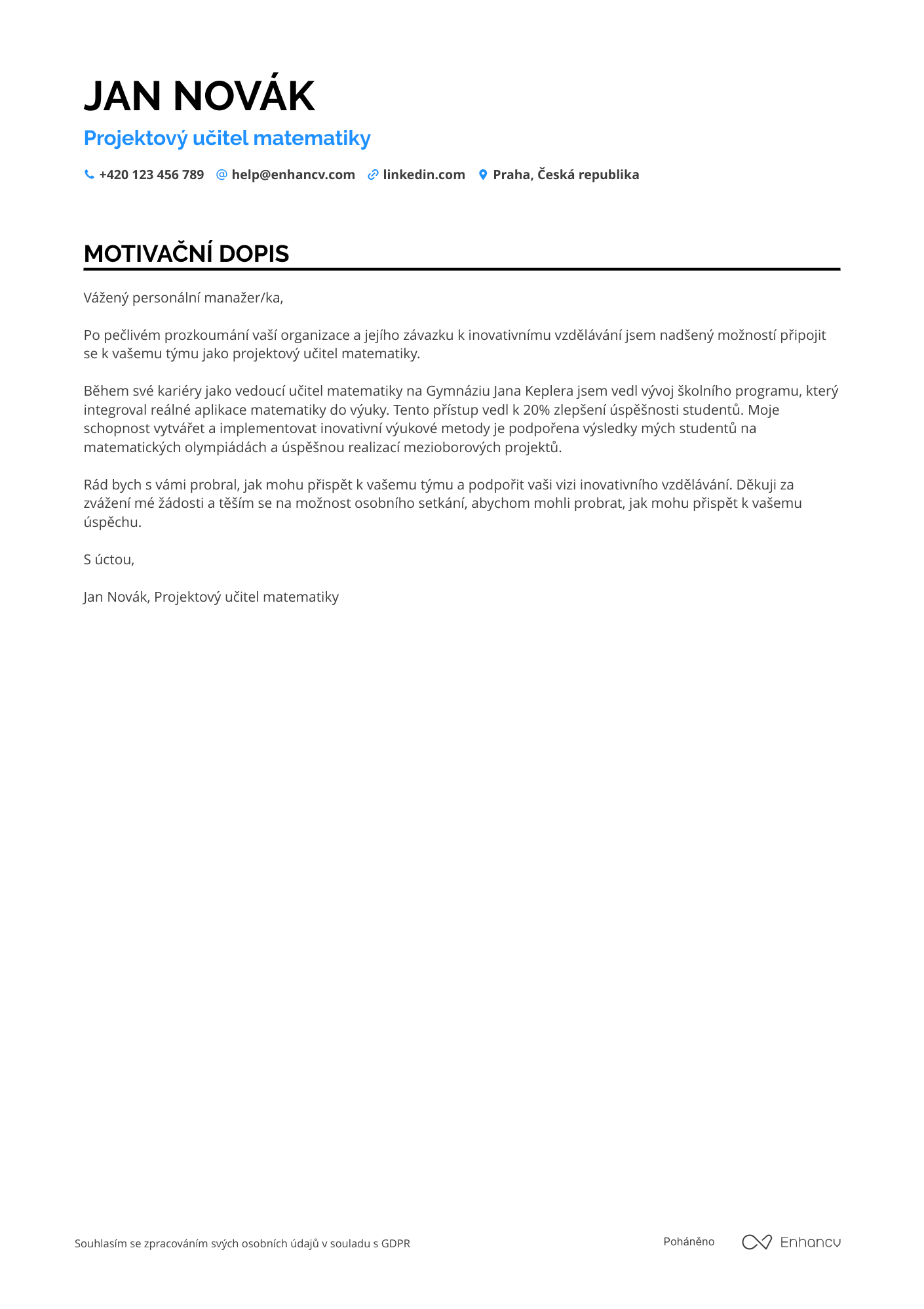 Motivační dopis pro Projektový učitel matematiky Resume Example