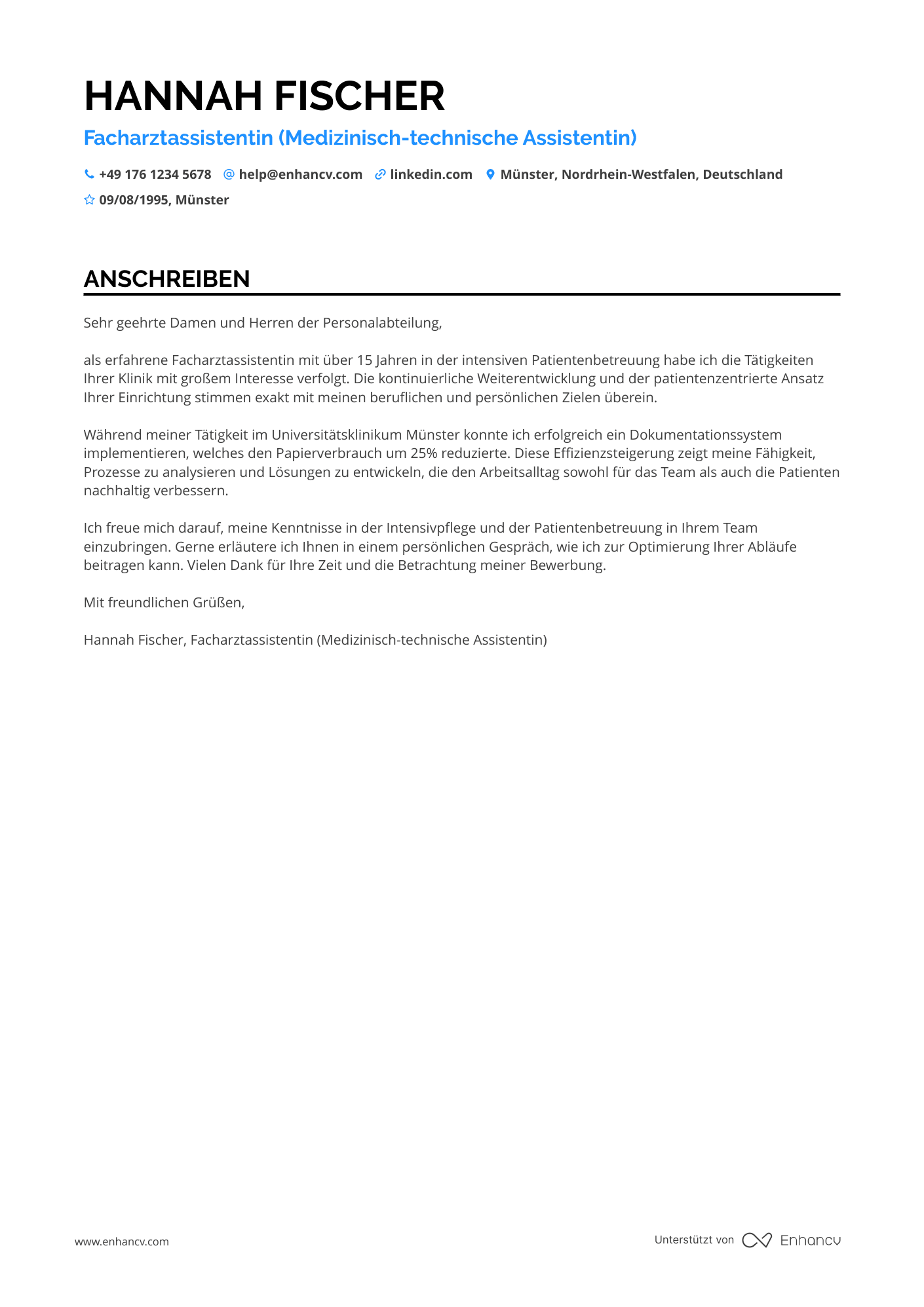 Arzthelferin mit Erfahrung in der Intensivpflege Resume Example