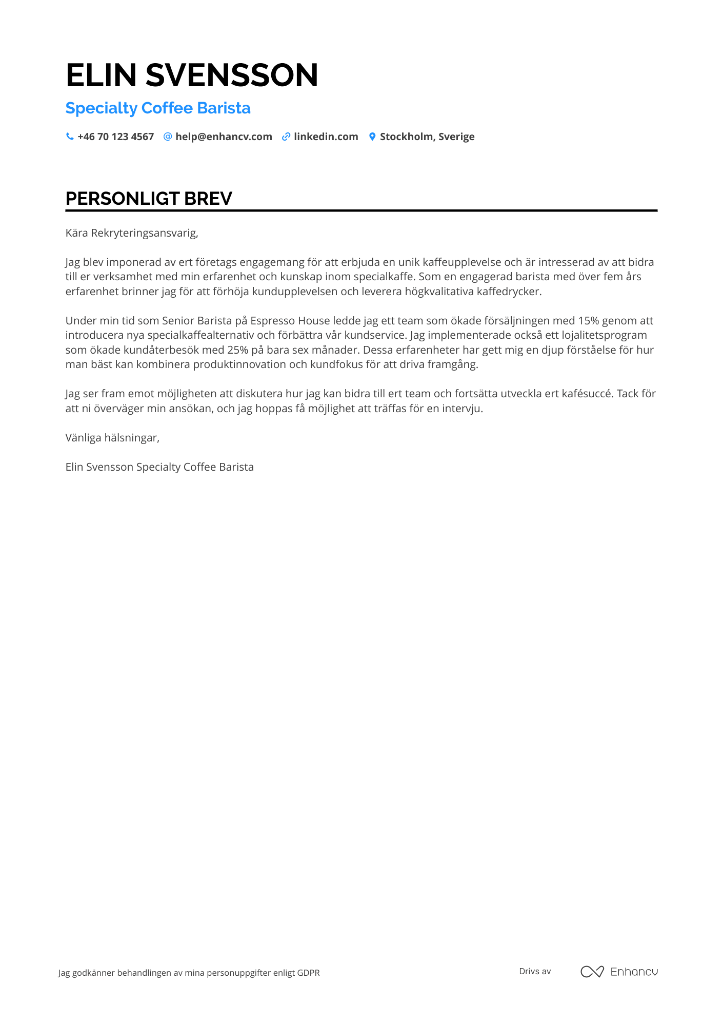 Personligt brev för Specialty Coffee Barista Resume Example