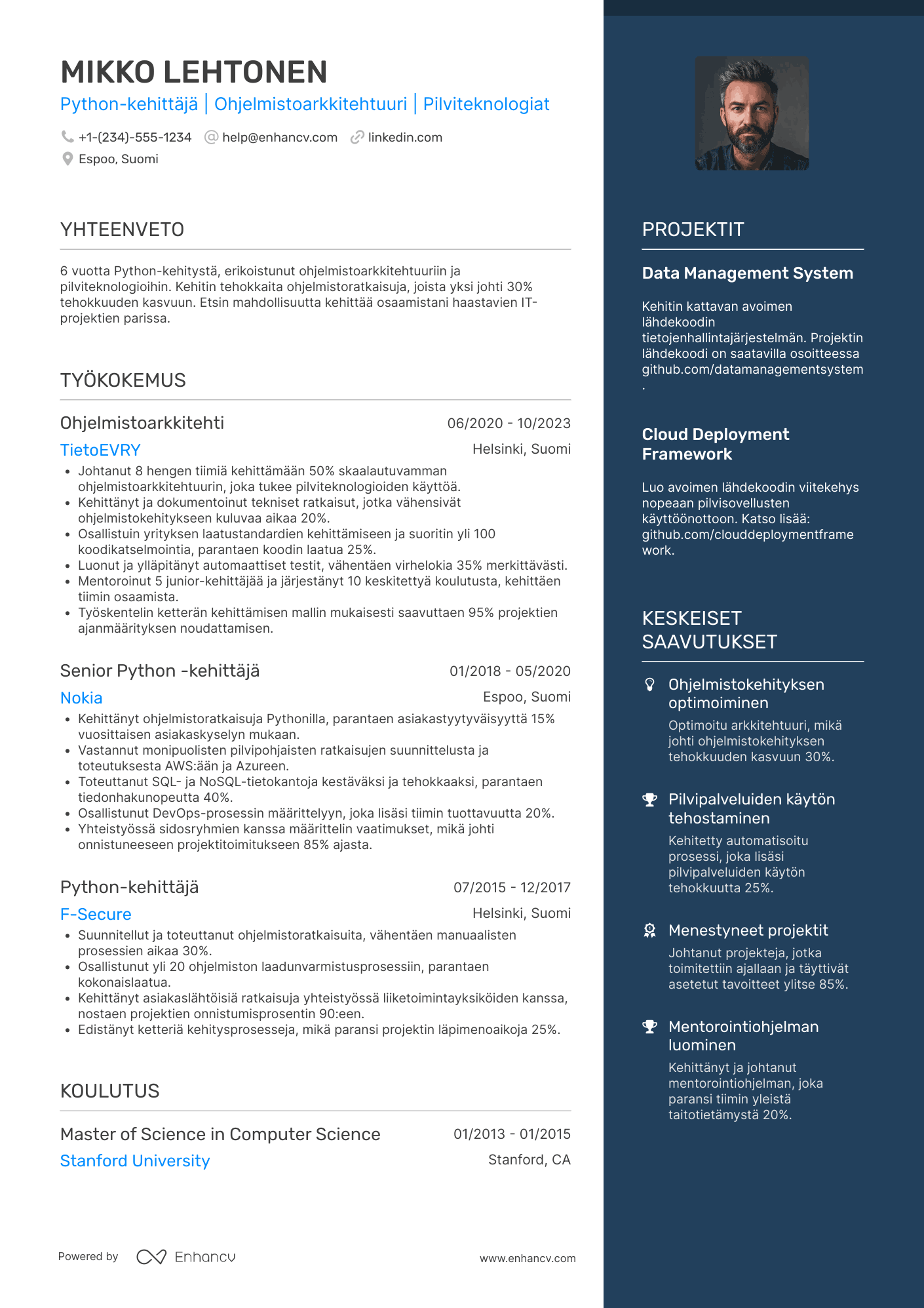 Ansioluettelo Python kehittäjä  ohjelmistoarkkitehti Resume Example
