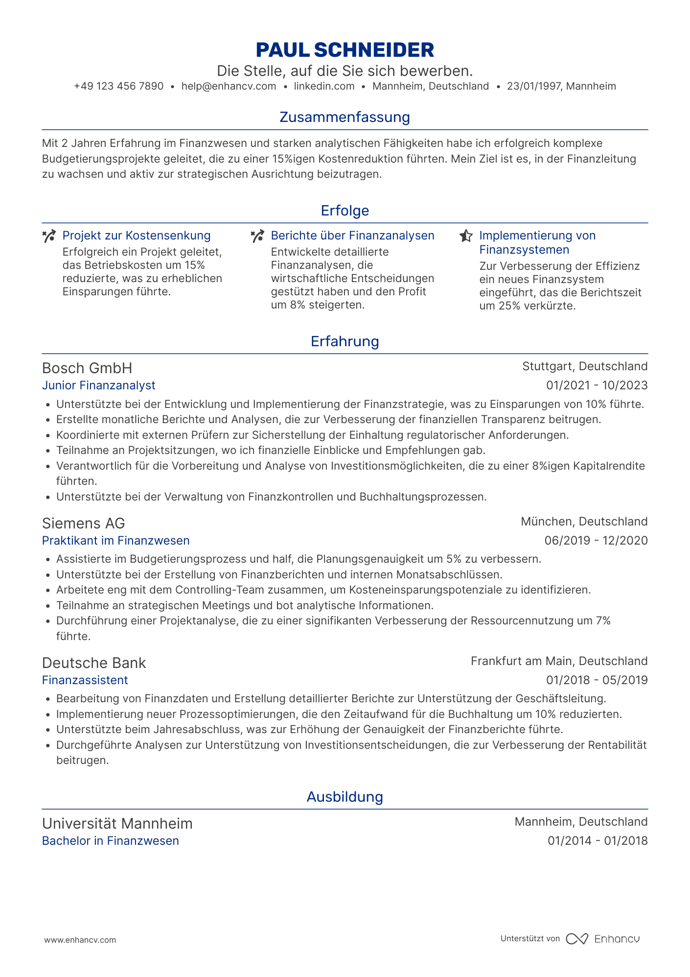 Lebenslauf als Junior Finanzvorstand Resume Example
