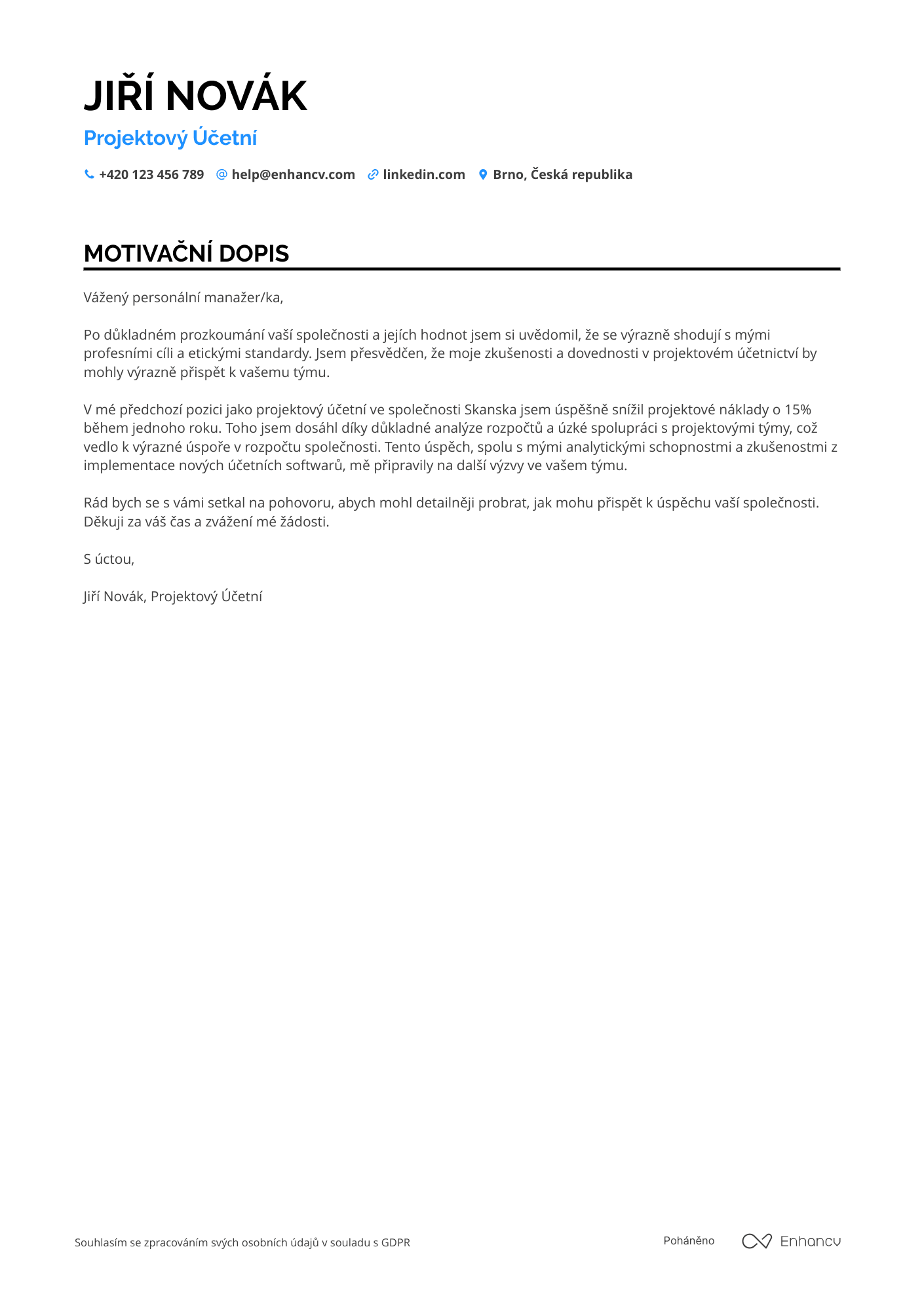 Motivační dopis pro Projektový Účetní Resume Example