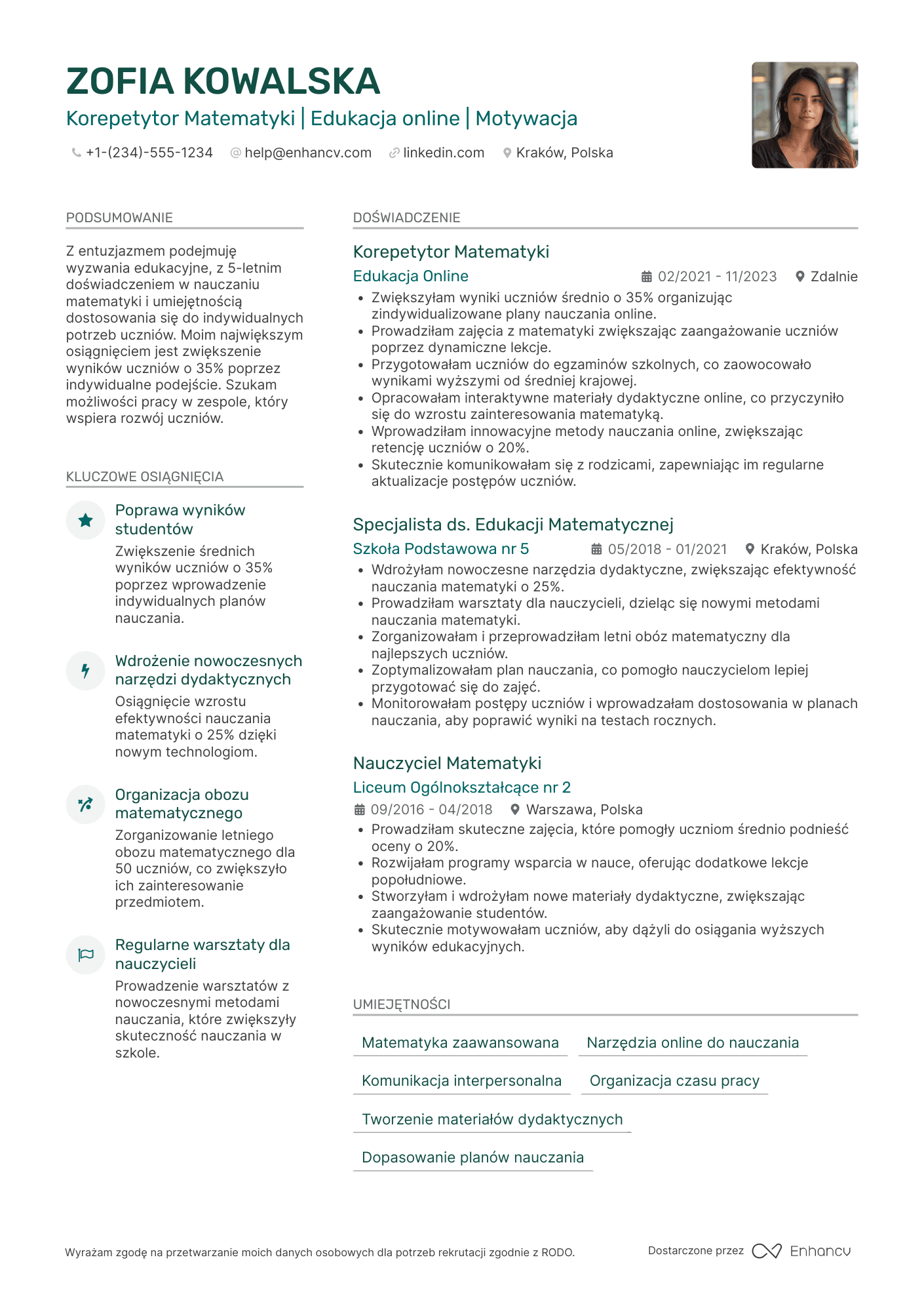 CV dla Korepetytor Matematyki Resume Example