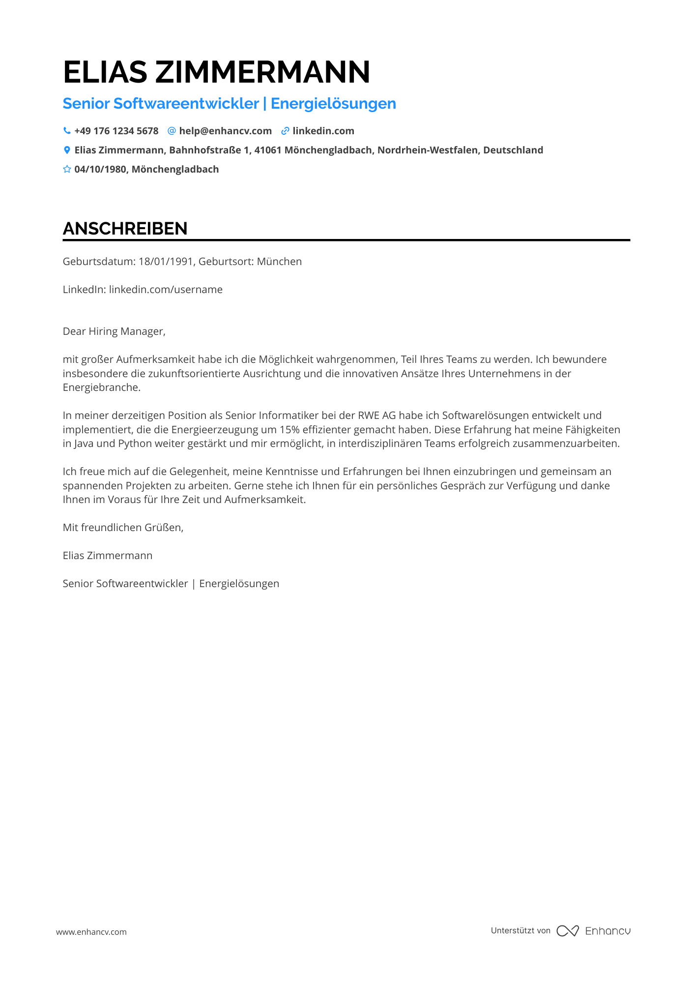 Informatiker in der Energiebranche Resume Example