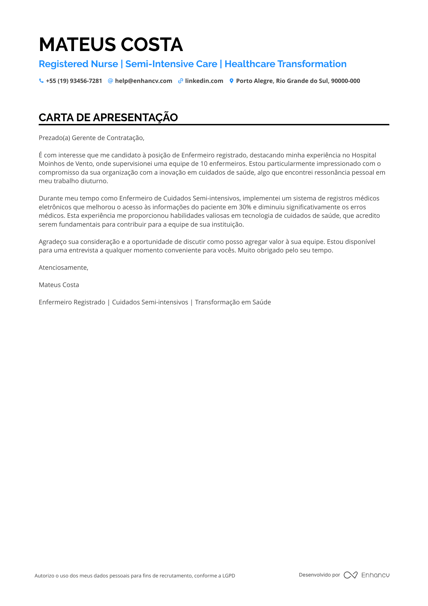 Enfermeira de Cuidados Intensivos Resume Example