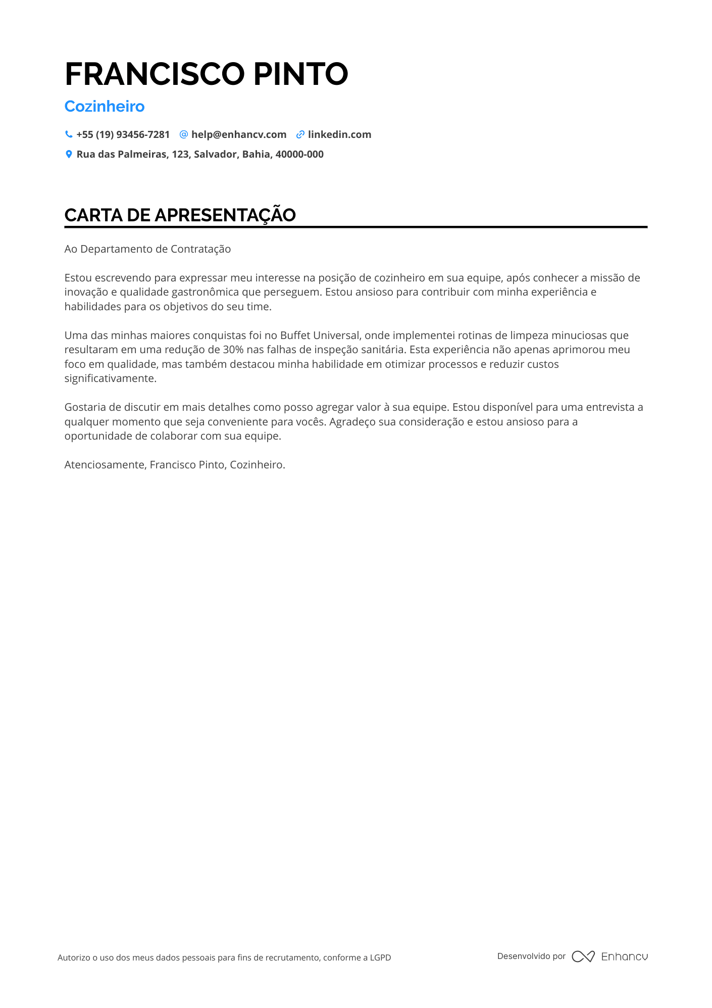 Cozinheiro de Buffet Resume Example