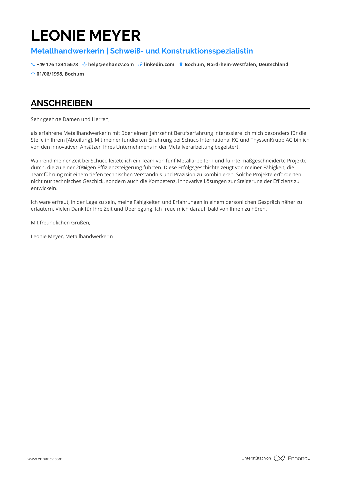 Metall Handwerker Resume Example