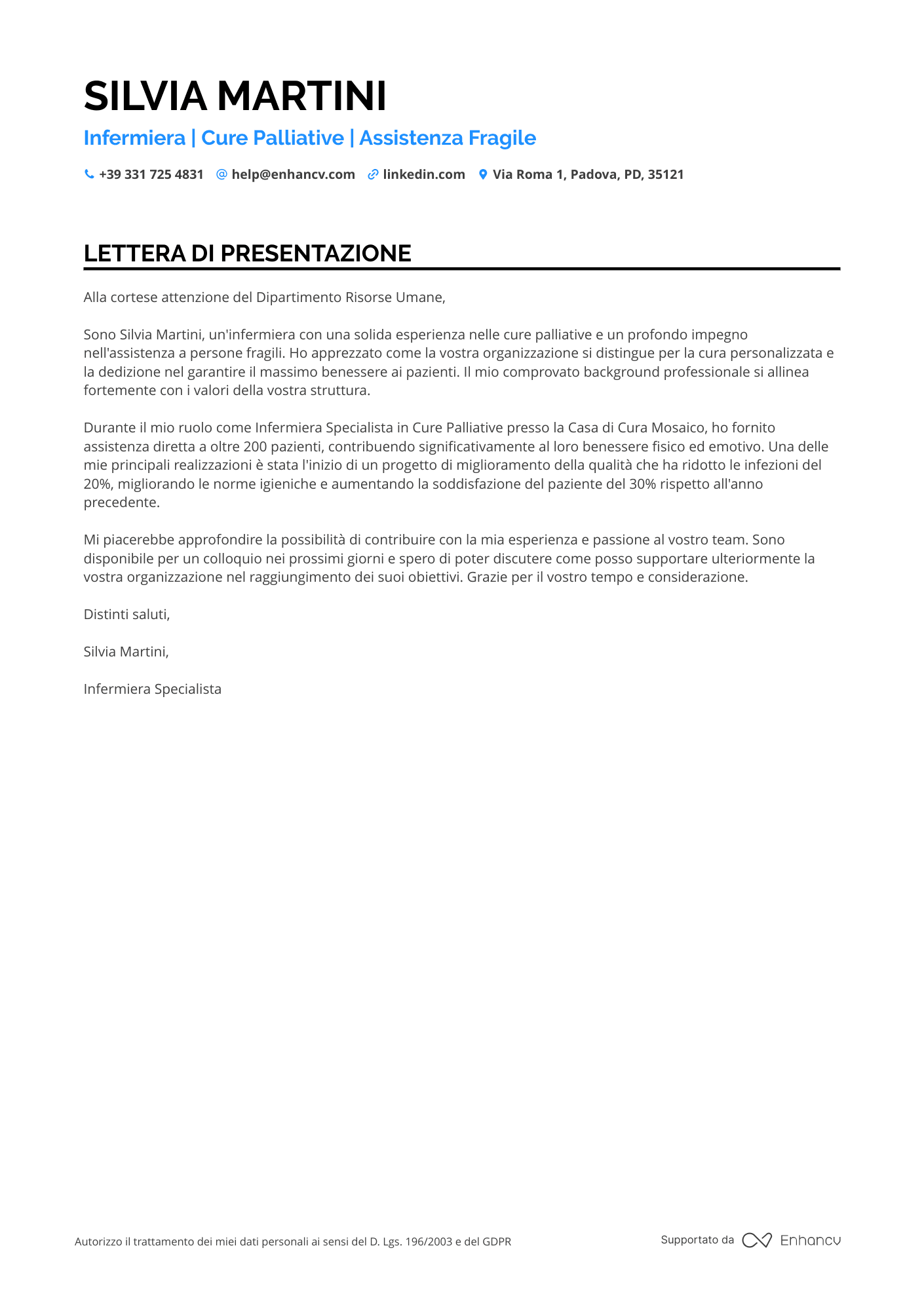 Infermiere di Cure Palliative Resume Example