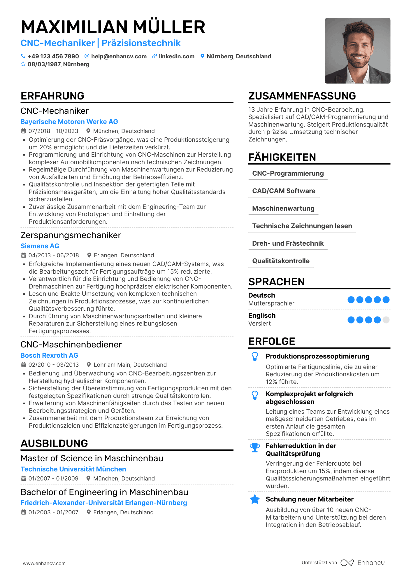 Lebenslauf als CNC Mechaniker Resume Example