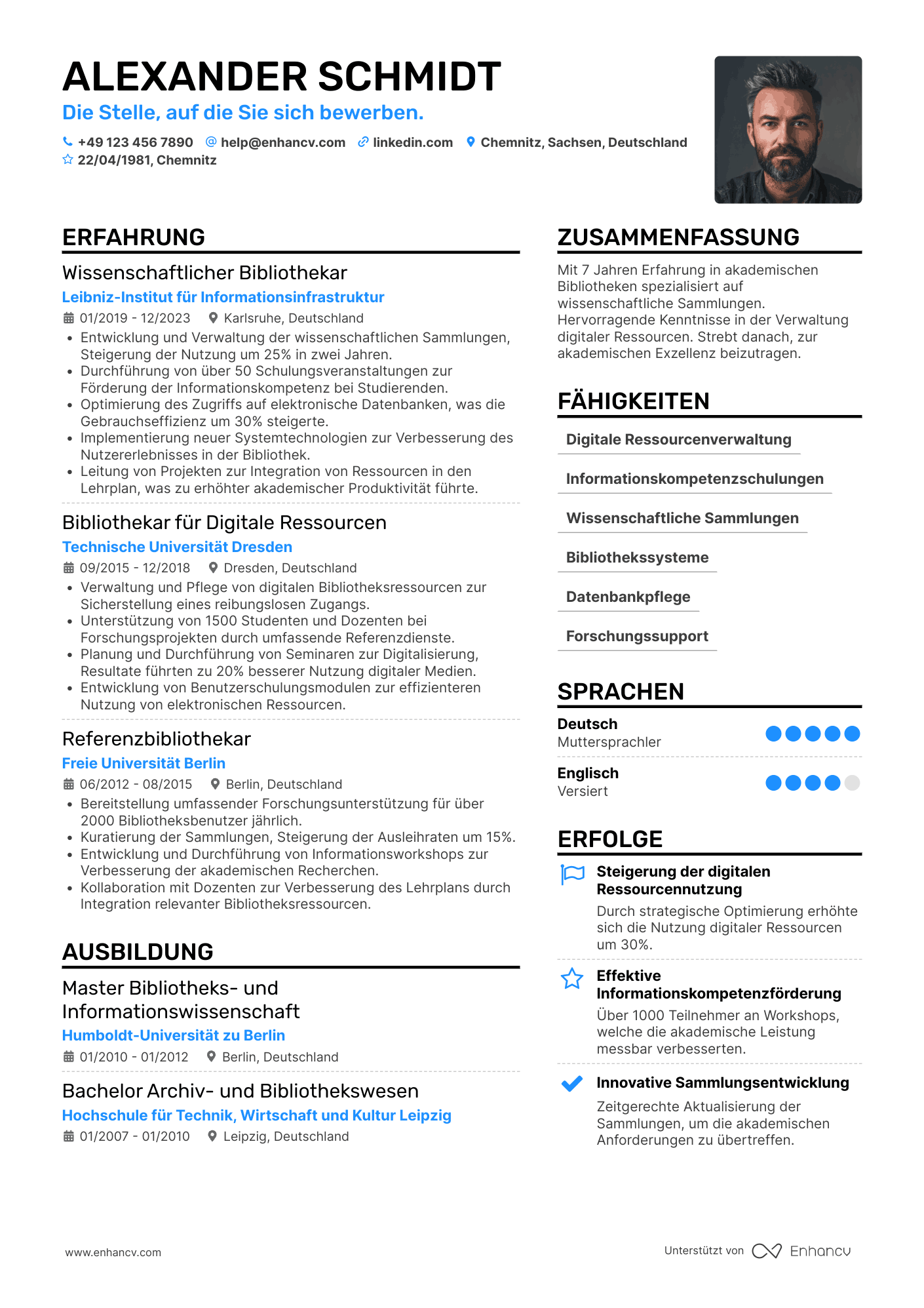 Lebenslauf in Wissenschaftlicher Bibliothekar Resume Example