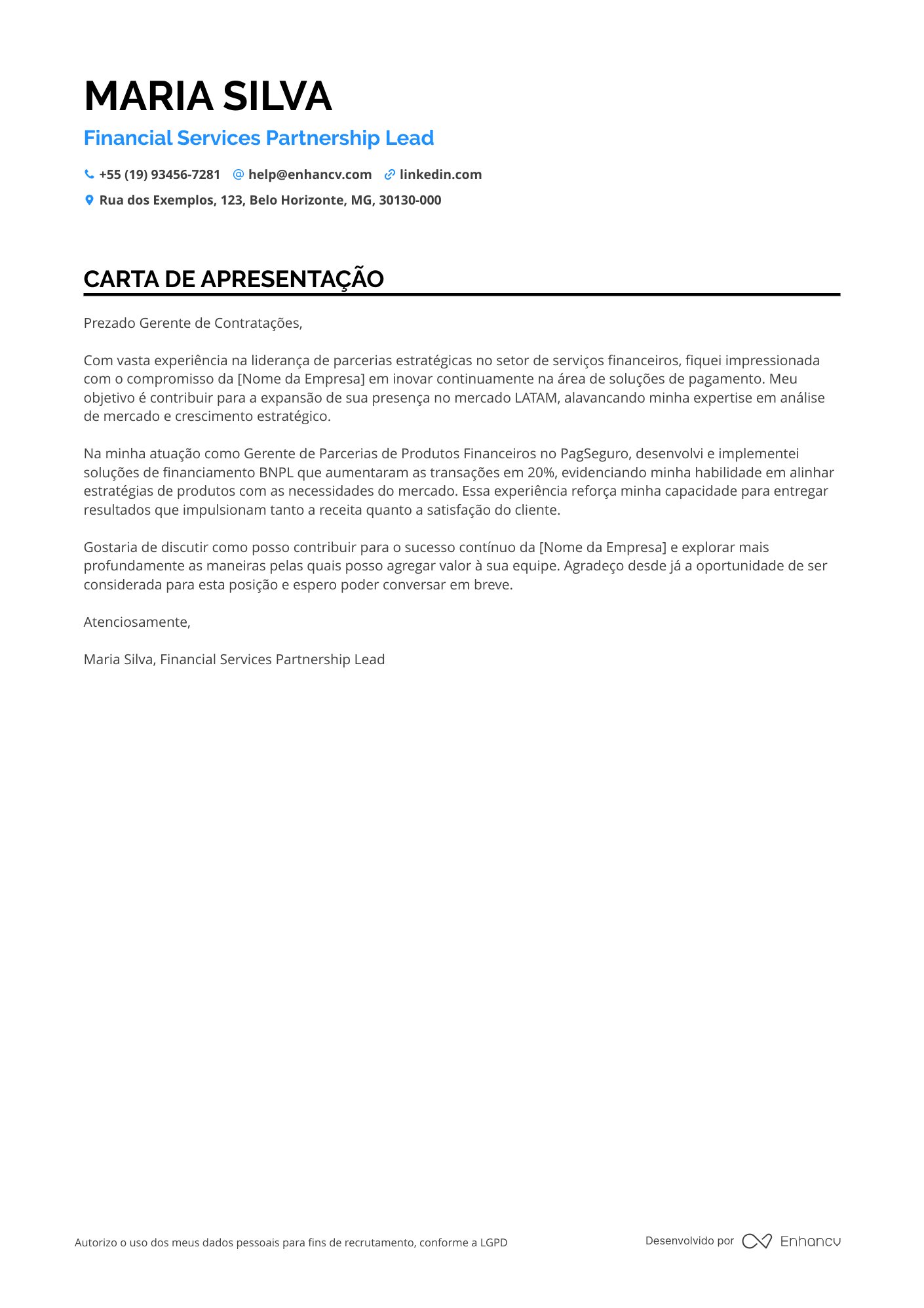 Gerente de Vendas de Serviços Financeiros Resume Example