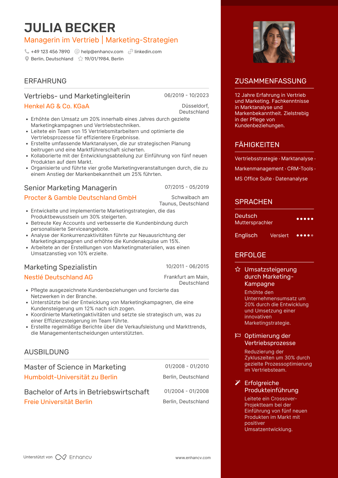 Lebenslauf als Stellvertretender Manager mit Erfahrung in Vertrieb und Marketing Resume Example