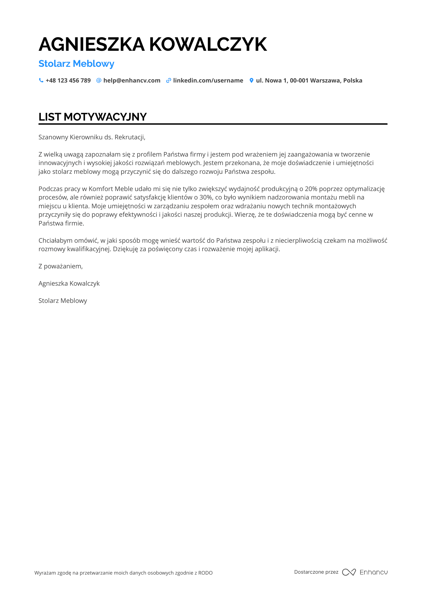 List motywacyjny dla Stolarz Meblowy Resume Example