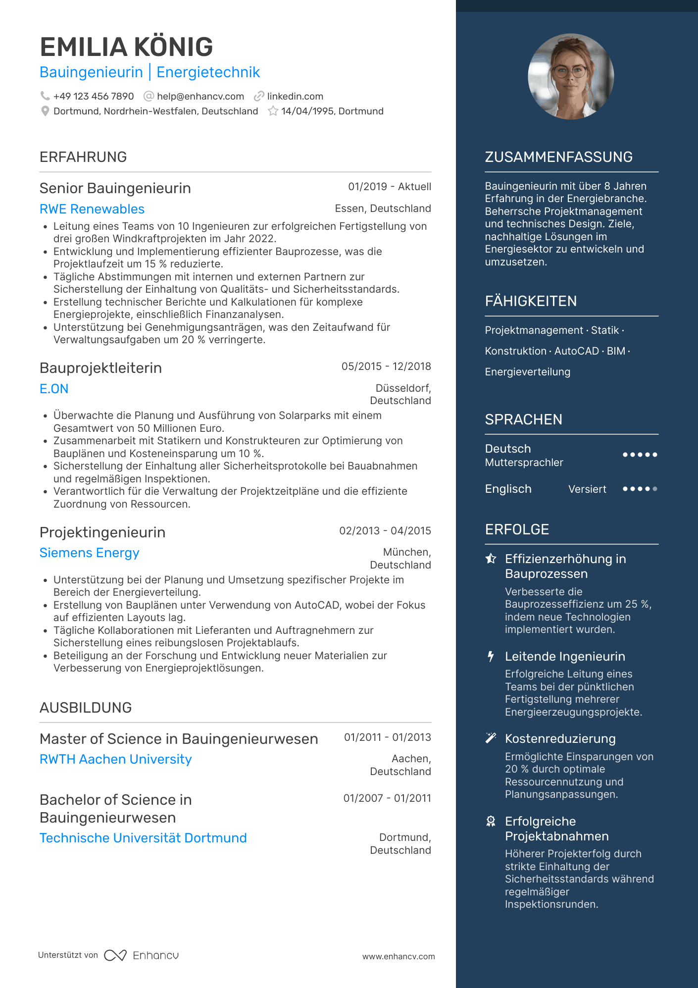 Lebenslauf in Bauingenieur in der Energiebranche Resume Example