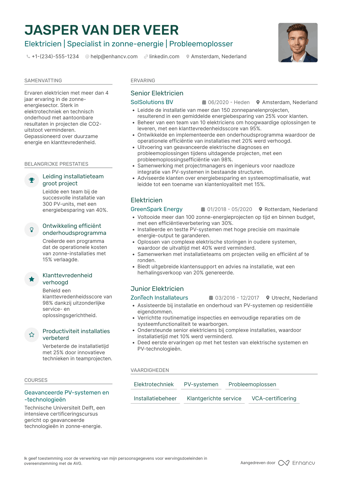 CV voor Elektricien voor Zonne energie Resume Example
