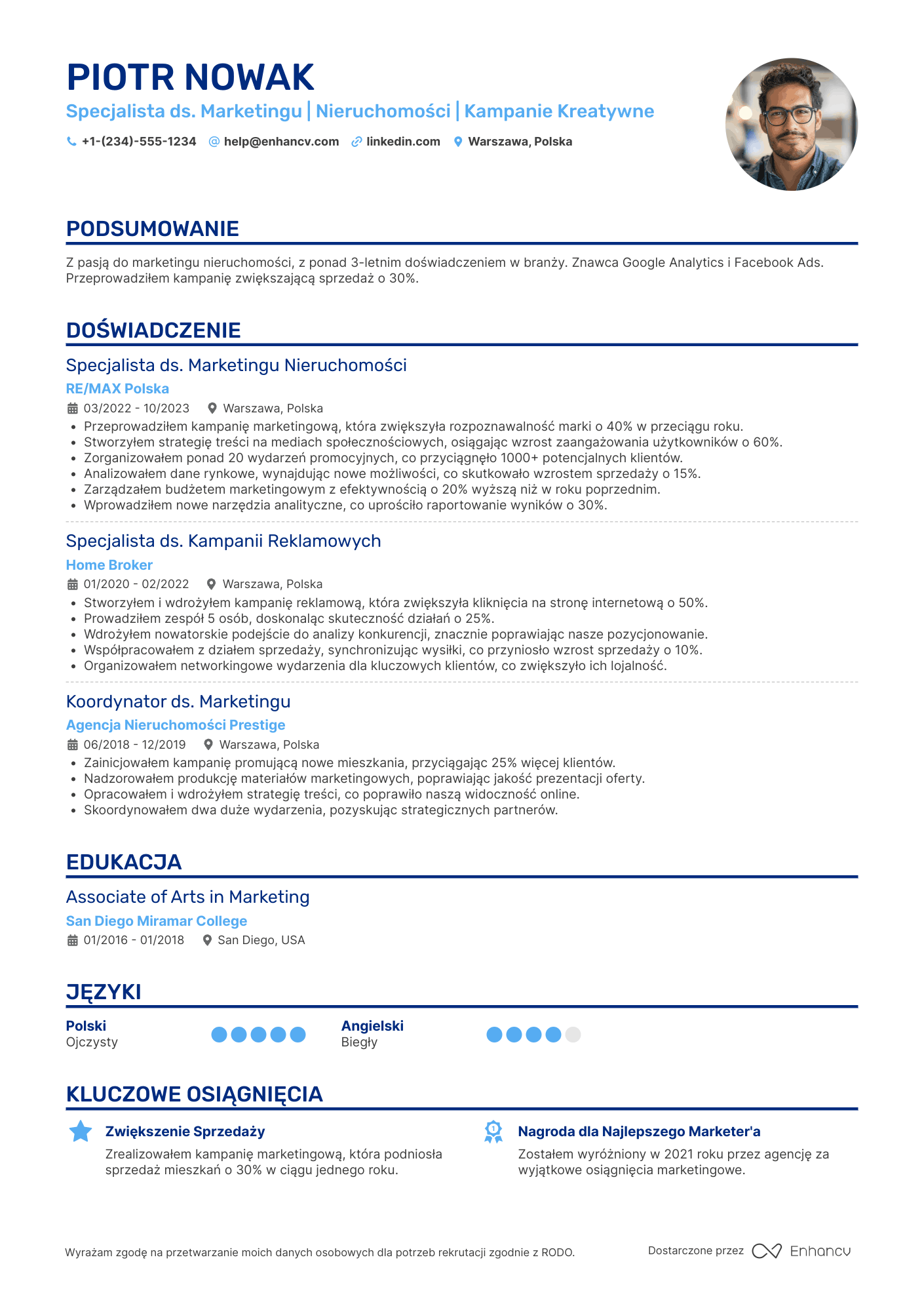 CV dla Specjalista ds. Marketingu Nieruchomości Resume Example