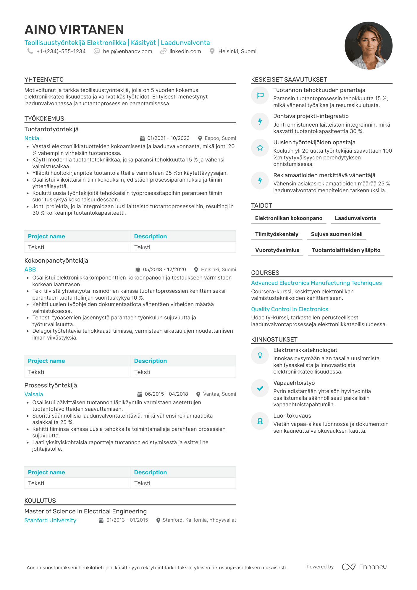 Ansioluettelo Teollisuustyöntekijä Elektroniikkateollisuus Resume Example