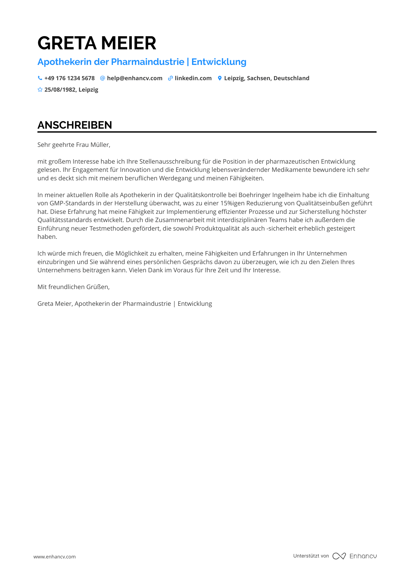 Apotheker in der pharmazeutischen Industrie Resume Example