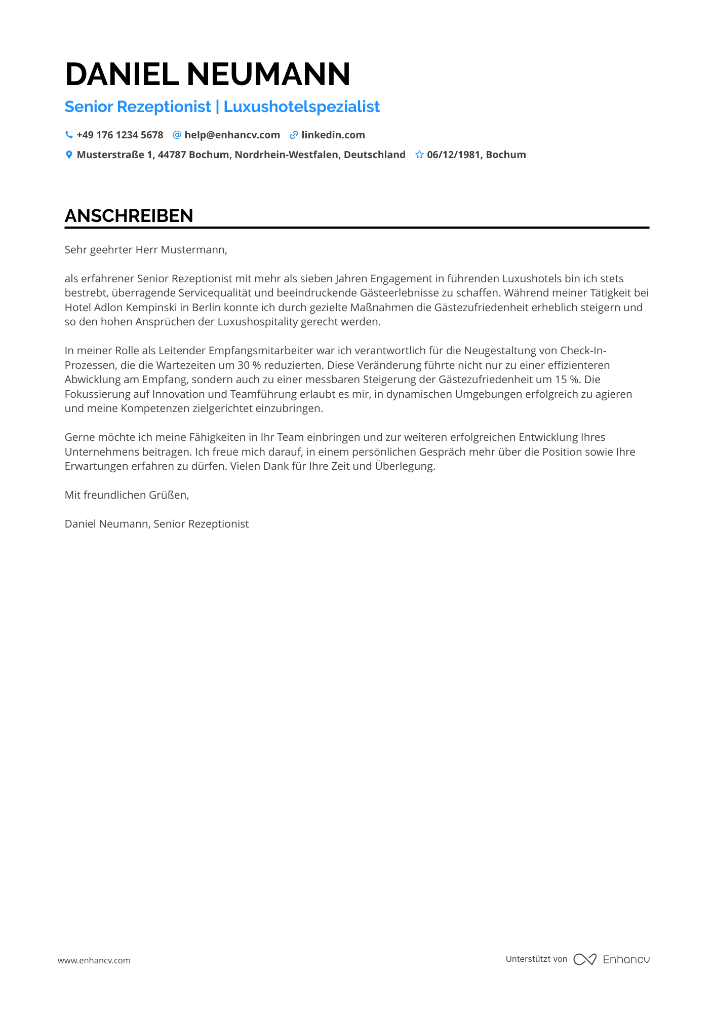 Senior Rezeptionistin Resume Example