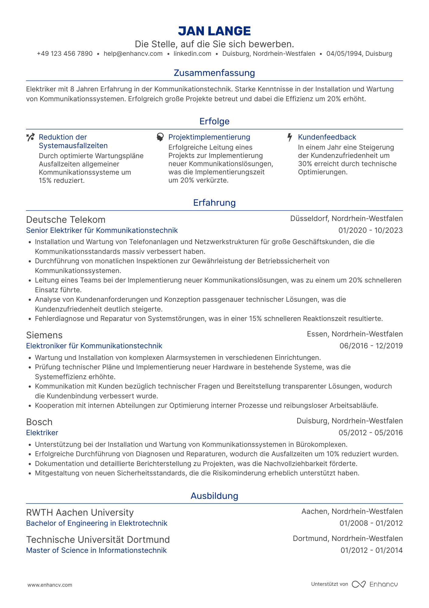 Lebenslauf als Elektriker für Kommunikationstechnik Resume Example