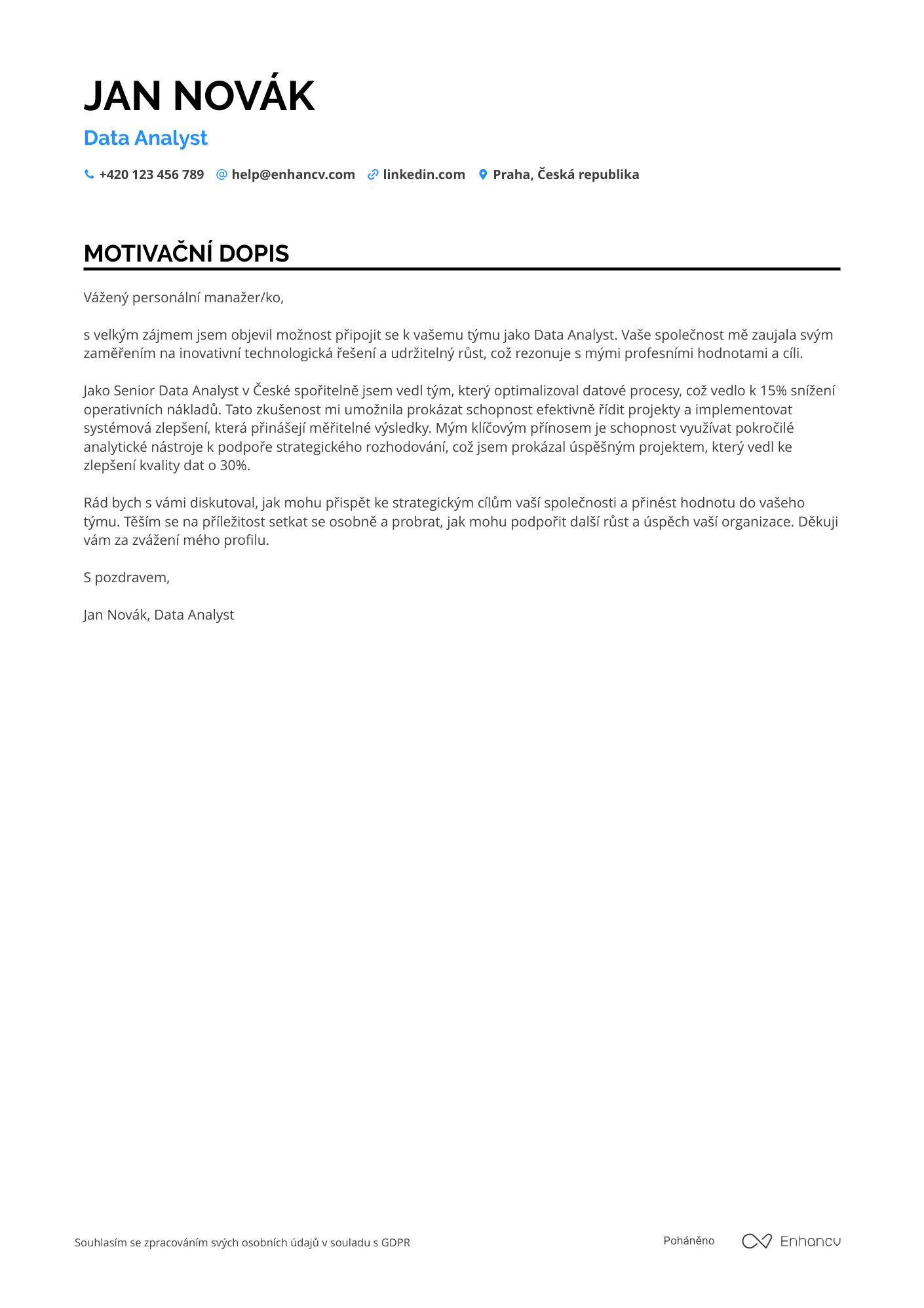Motivační dopis pro Data Analyst Resume Example