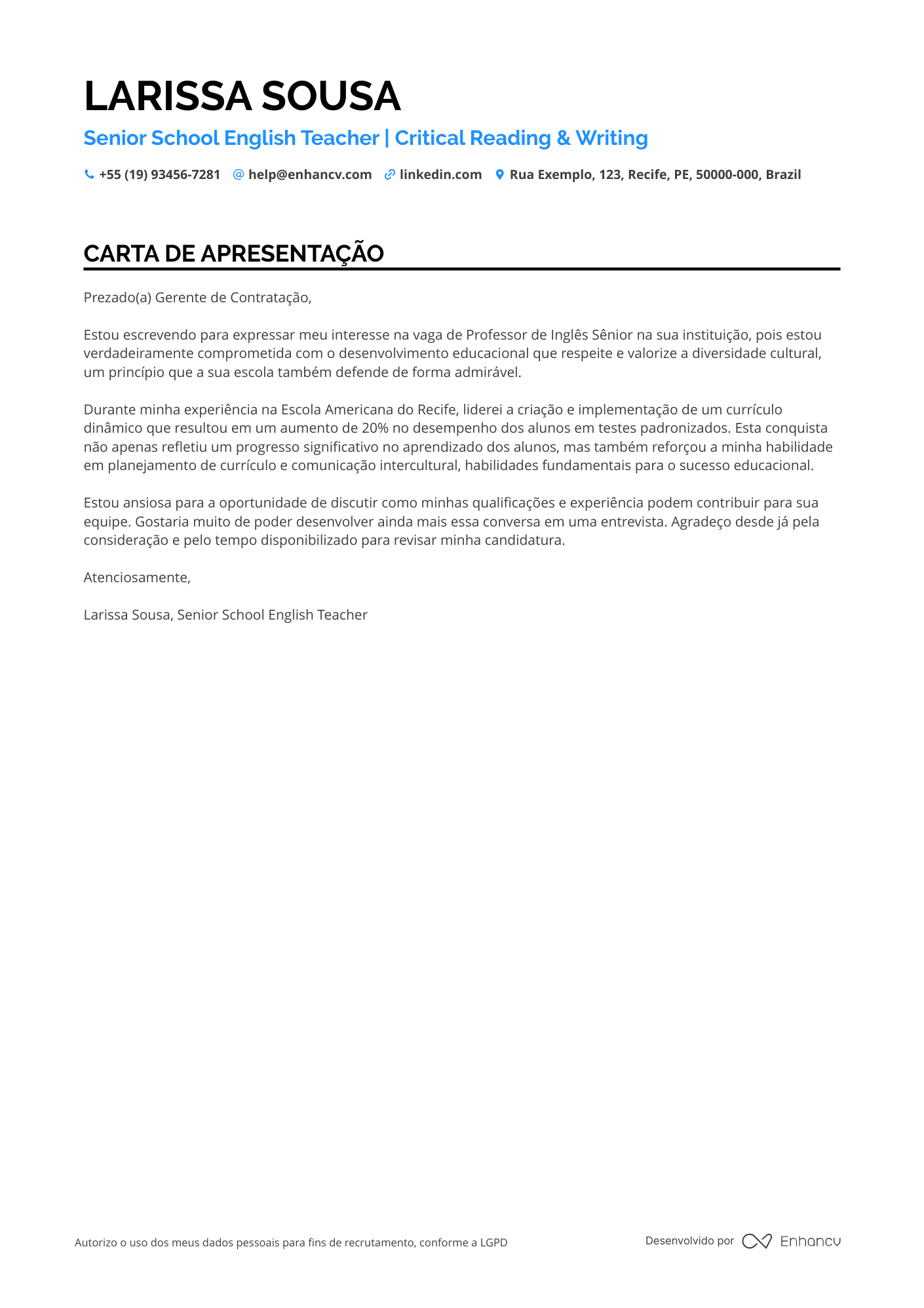 Professor de inglês Sênior Resume Example