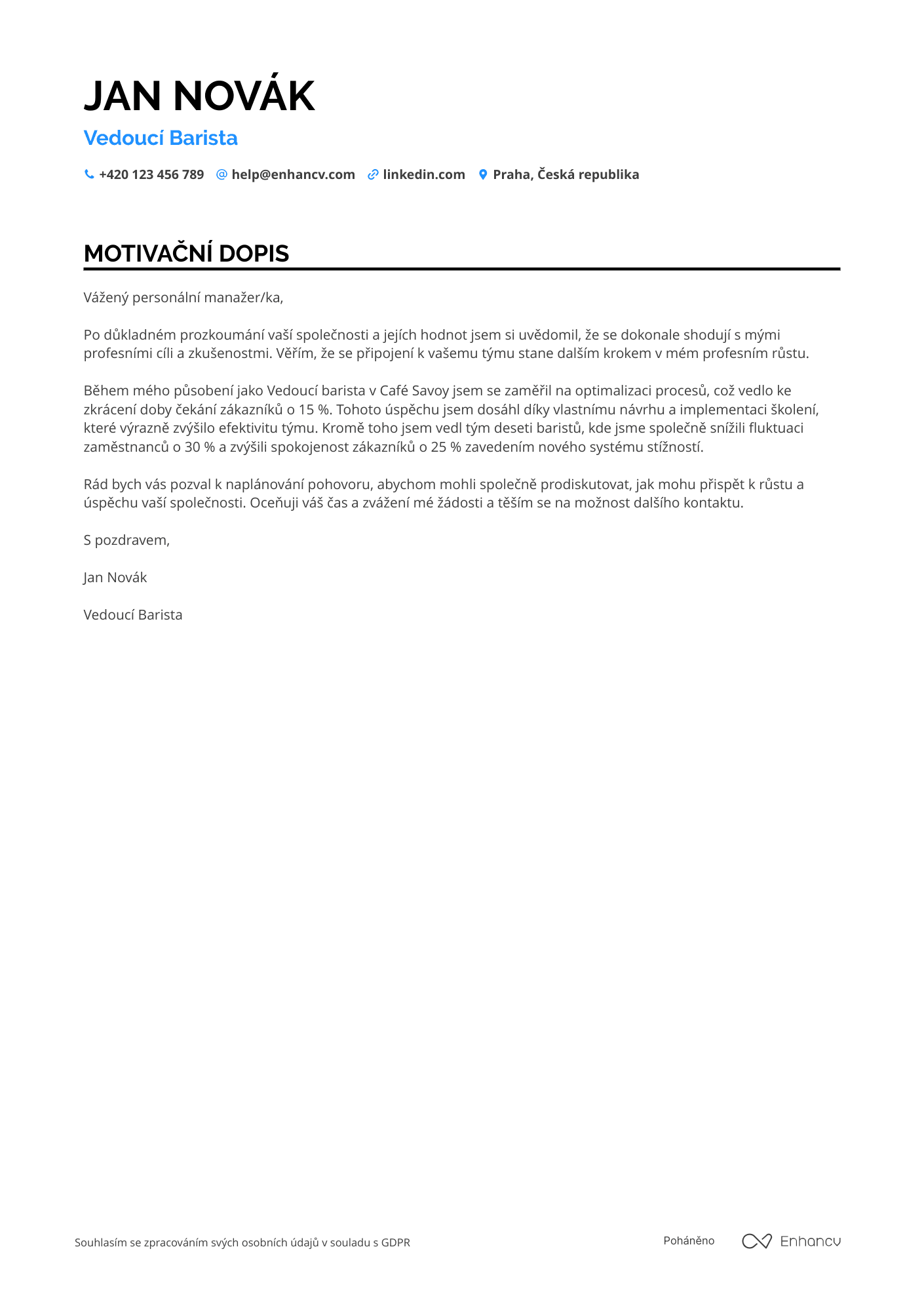 Motivační dopis pro Vedoucí Barista Resume Example