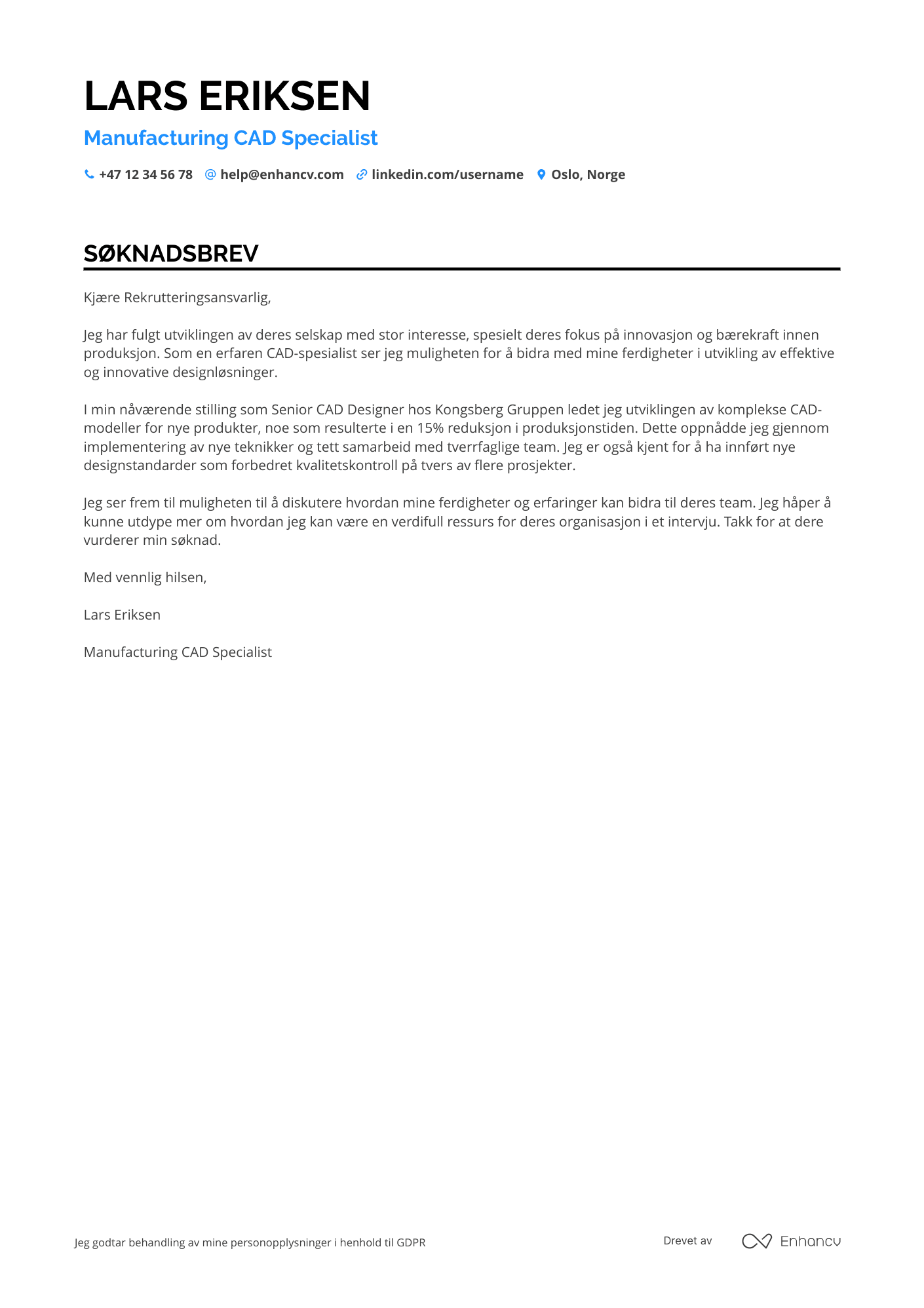 Søknadsbrev for Manufacturing CAD designspesialist Resume Example