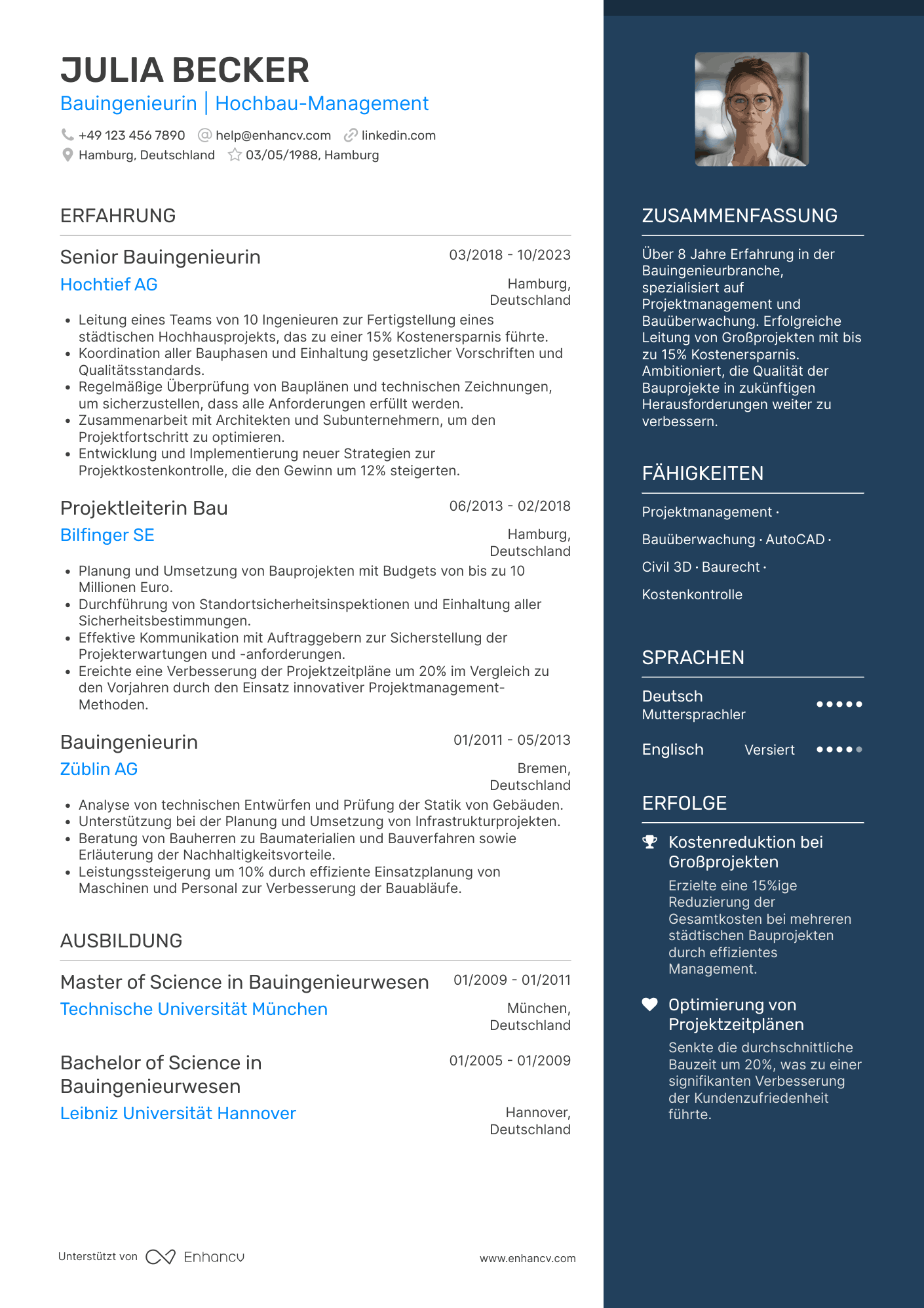 Lebenslauf als Bauingenieur mit Berufserfahrung Resume Example