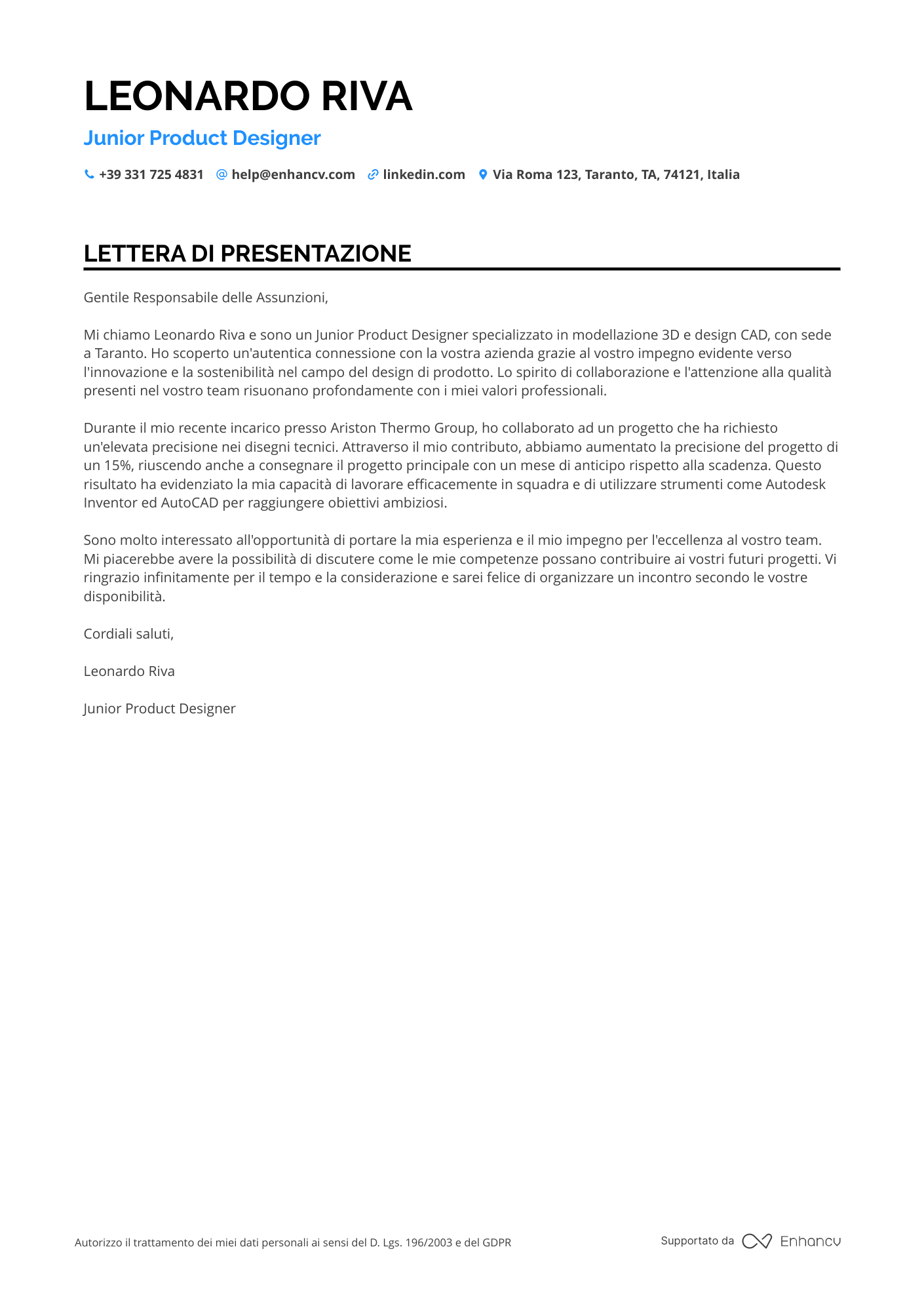 Designer di Prodotto Junior Resume Example