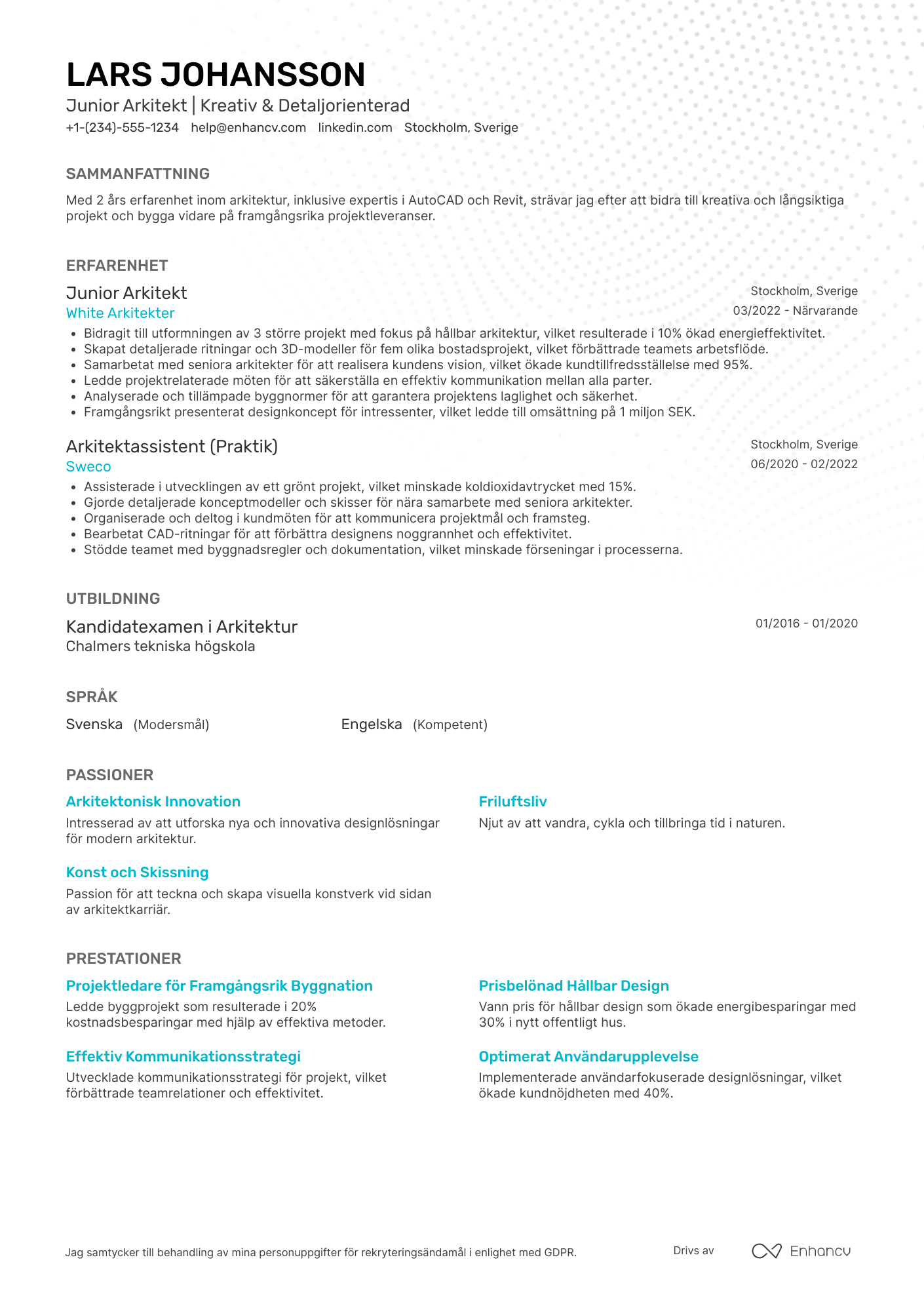 CV för Junior Arkitekt Resume Example