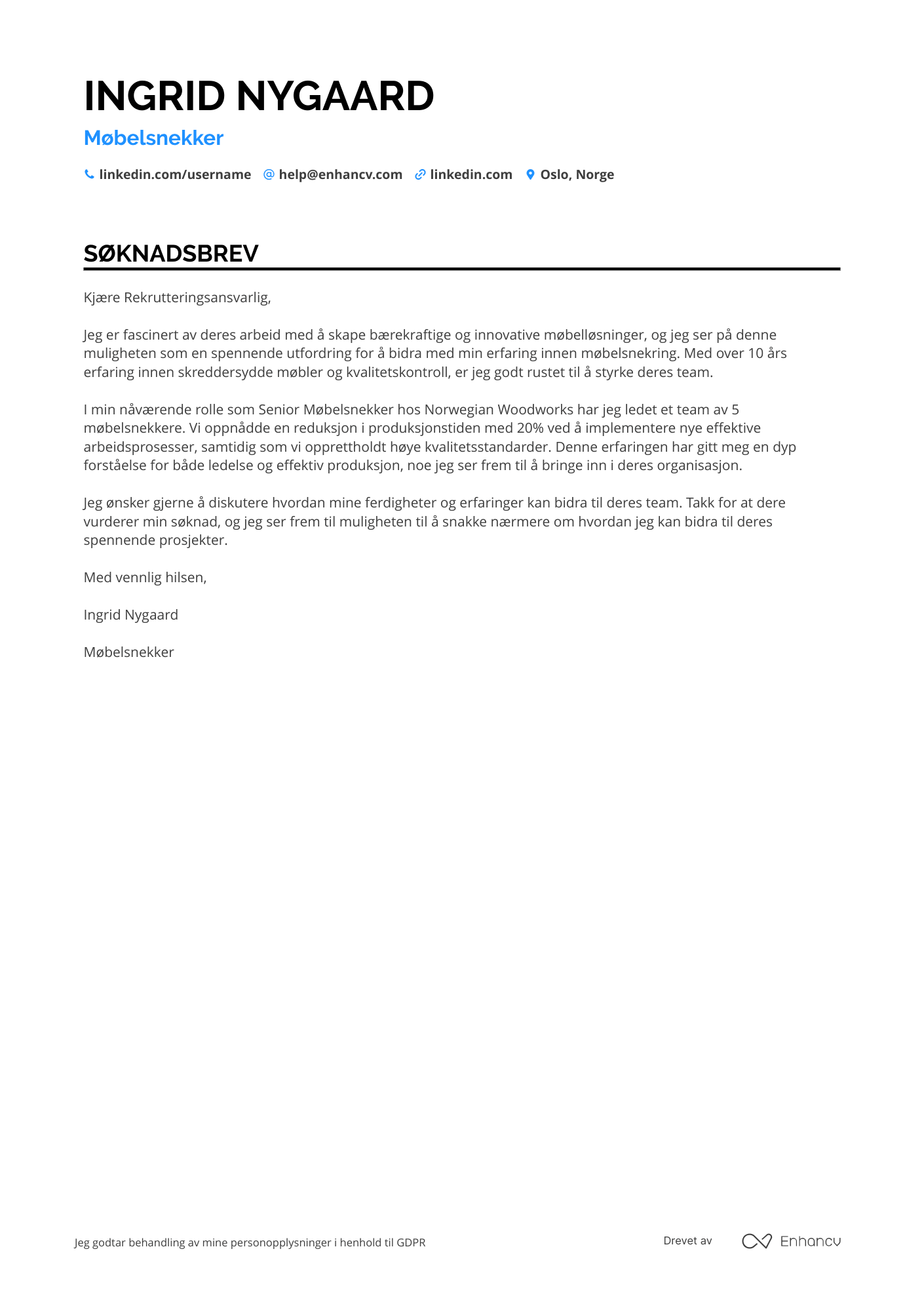 Søknadsbrev for Møbelsnekker Resume Example