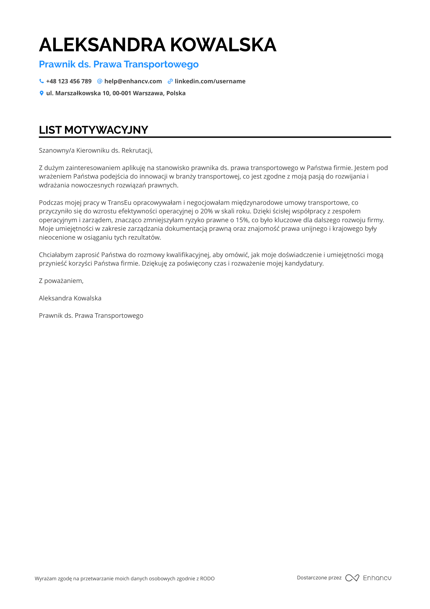 List motywacyjny dla Prawnik ds. Prawa Transportowego Resume Example