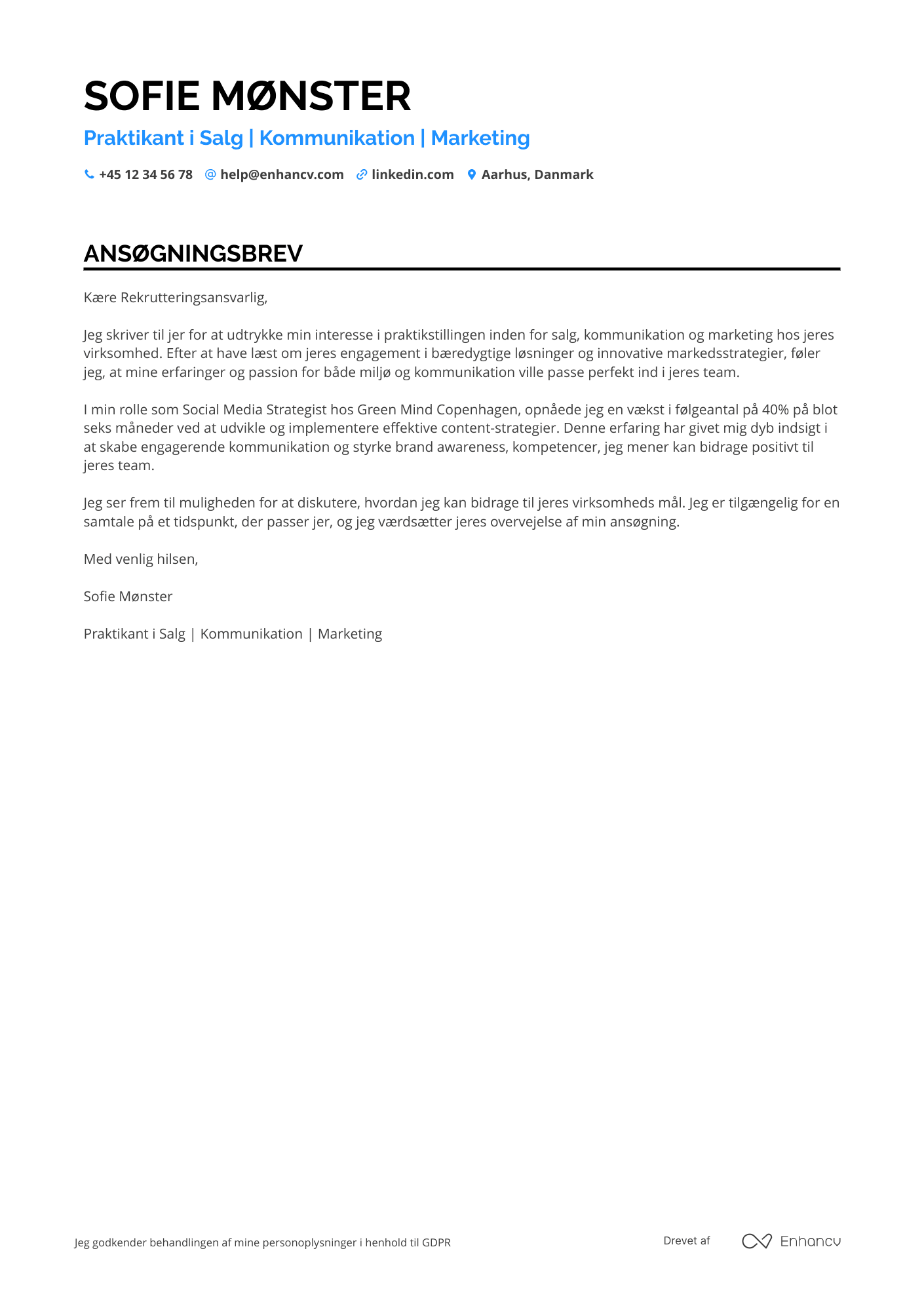 Ansøgningsbrev til Intern salgsmedarbejder Resume Example