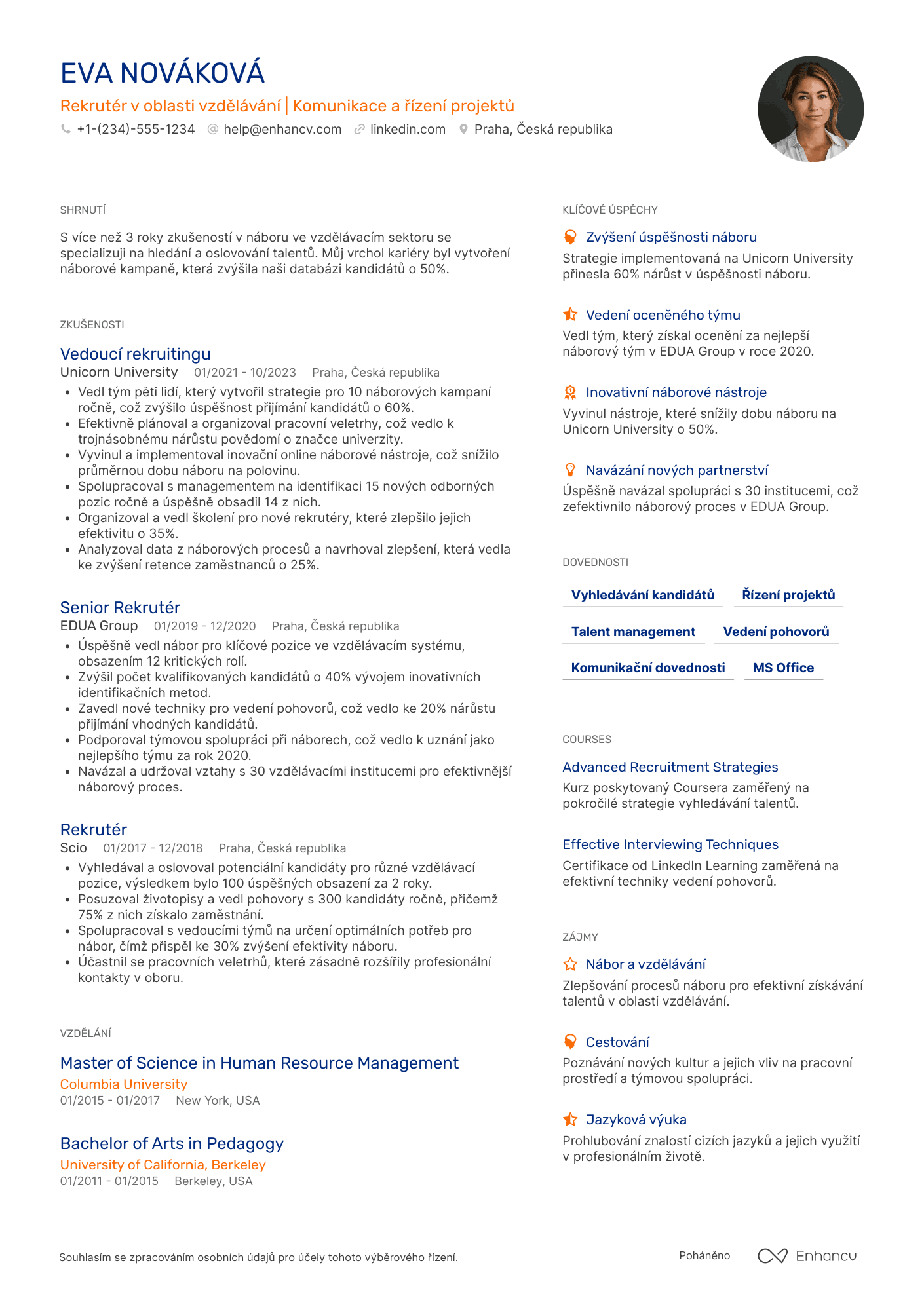 Životopis pro Rekrutér vzdělávacího průmyslu Resume Example
