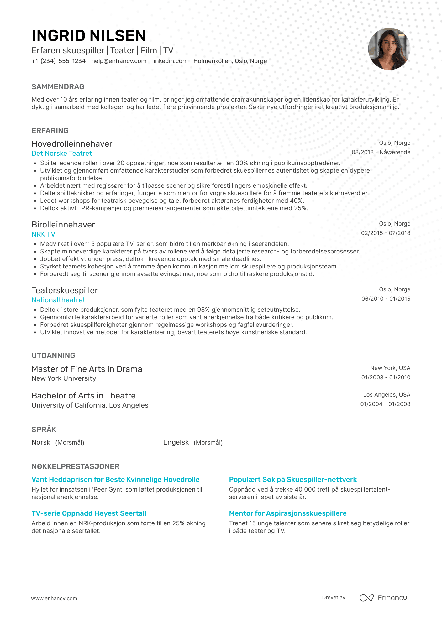 CV for Erfaren skuespiller Resume Example
