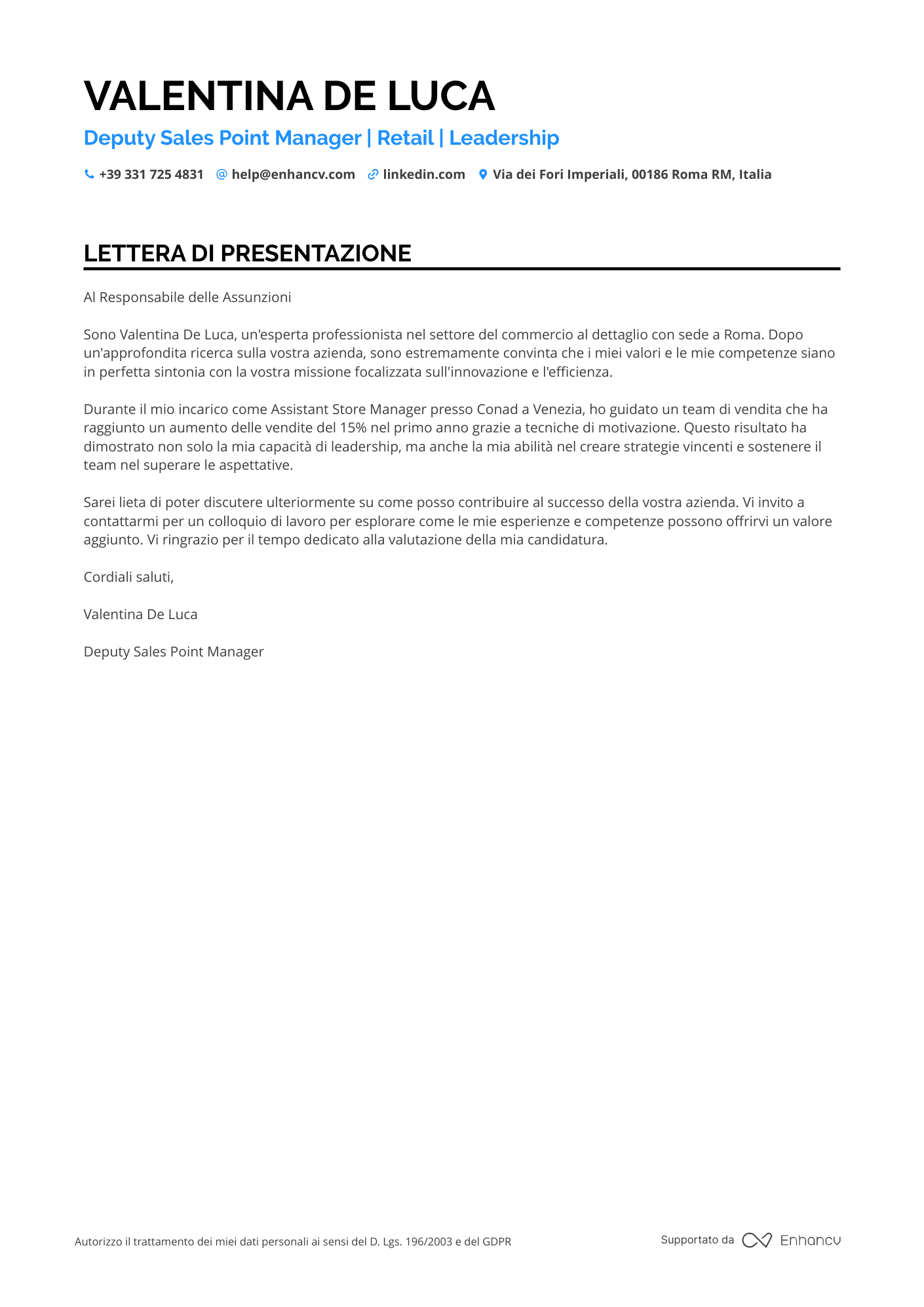 Responsabile Logistica Eurospin Resume Example