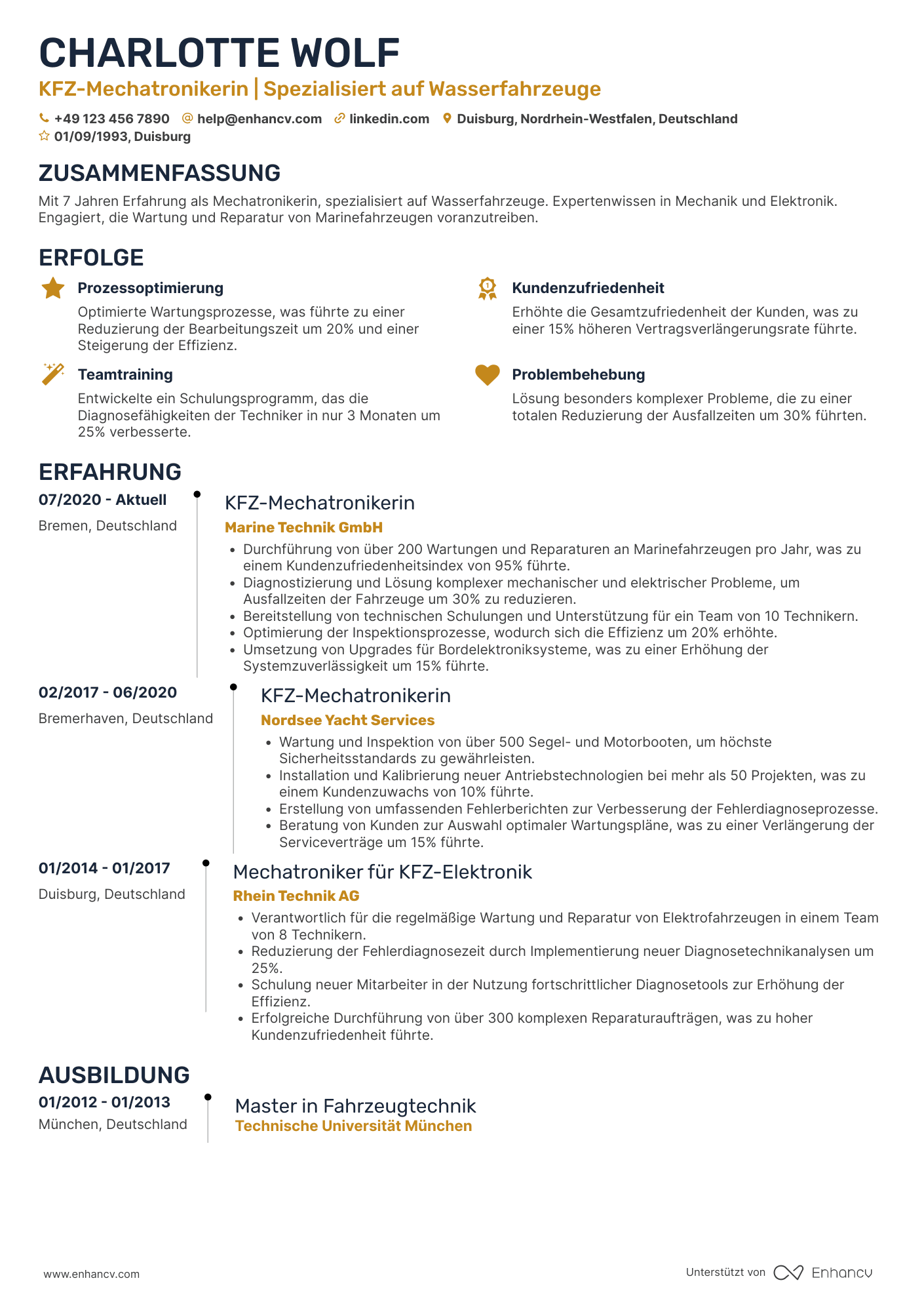 Lebenslauf als KFZ Mechatroniker für Wasserfahrzeuge Resume Example
