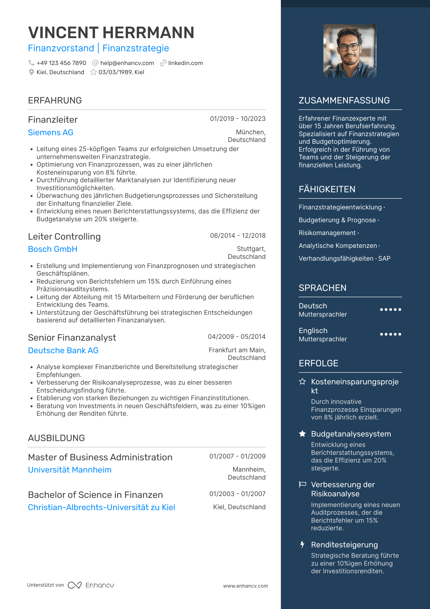 Lebenslauf als Finanzvorstand für Finanzstrategie Resume Example