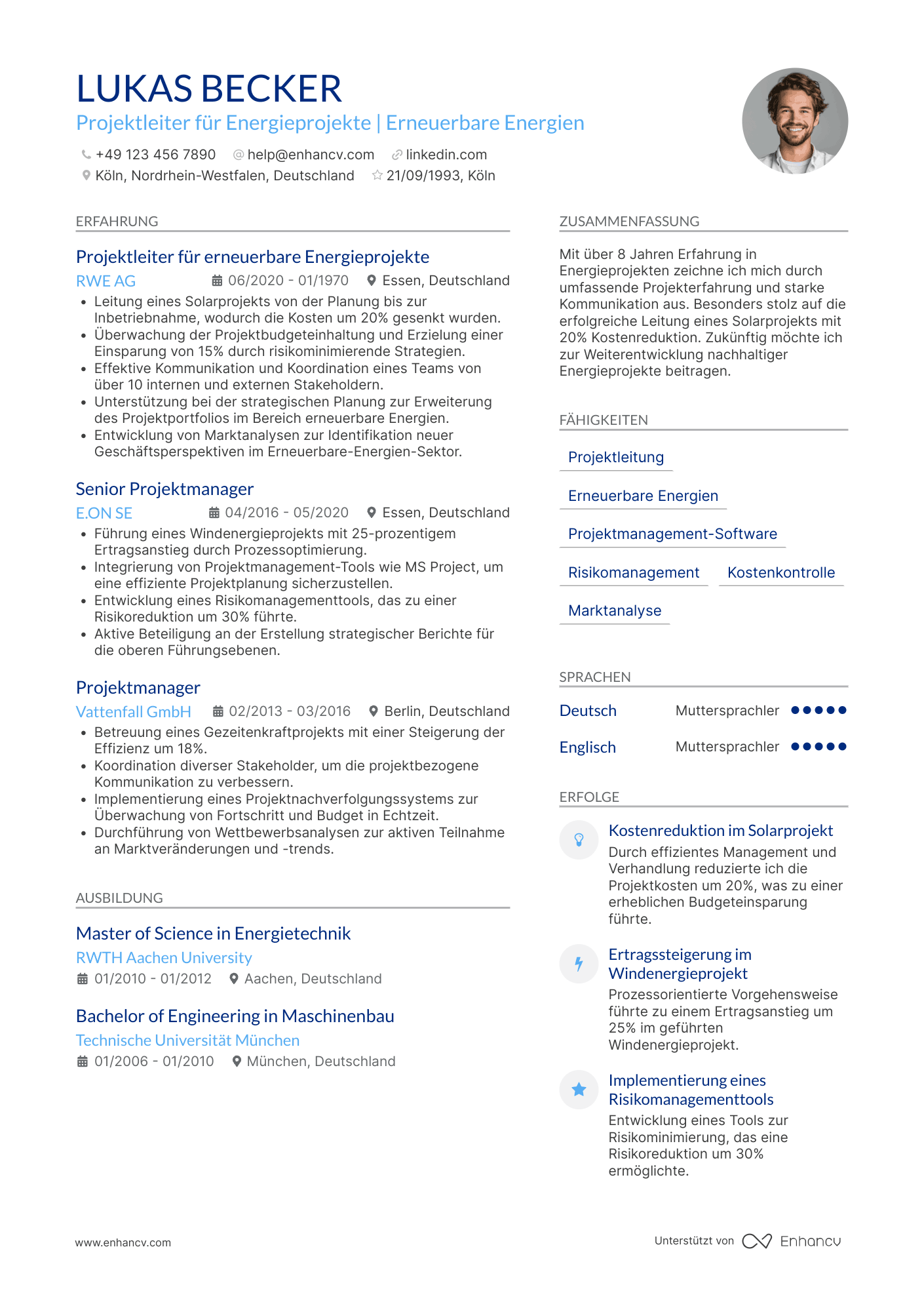 Lebenslauf in Projektleiter für Energieprojekte Resume Example