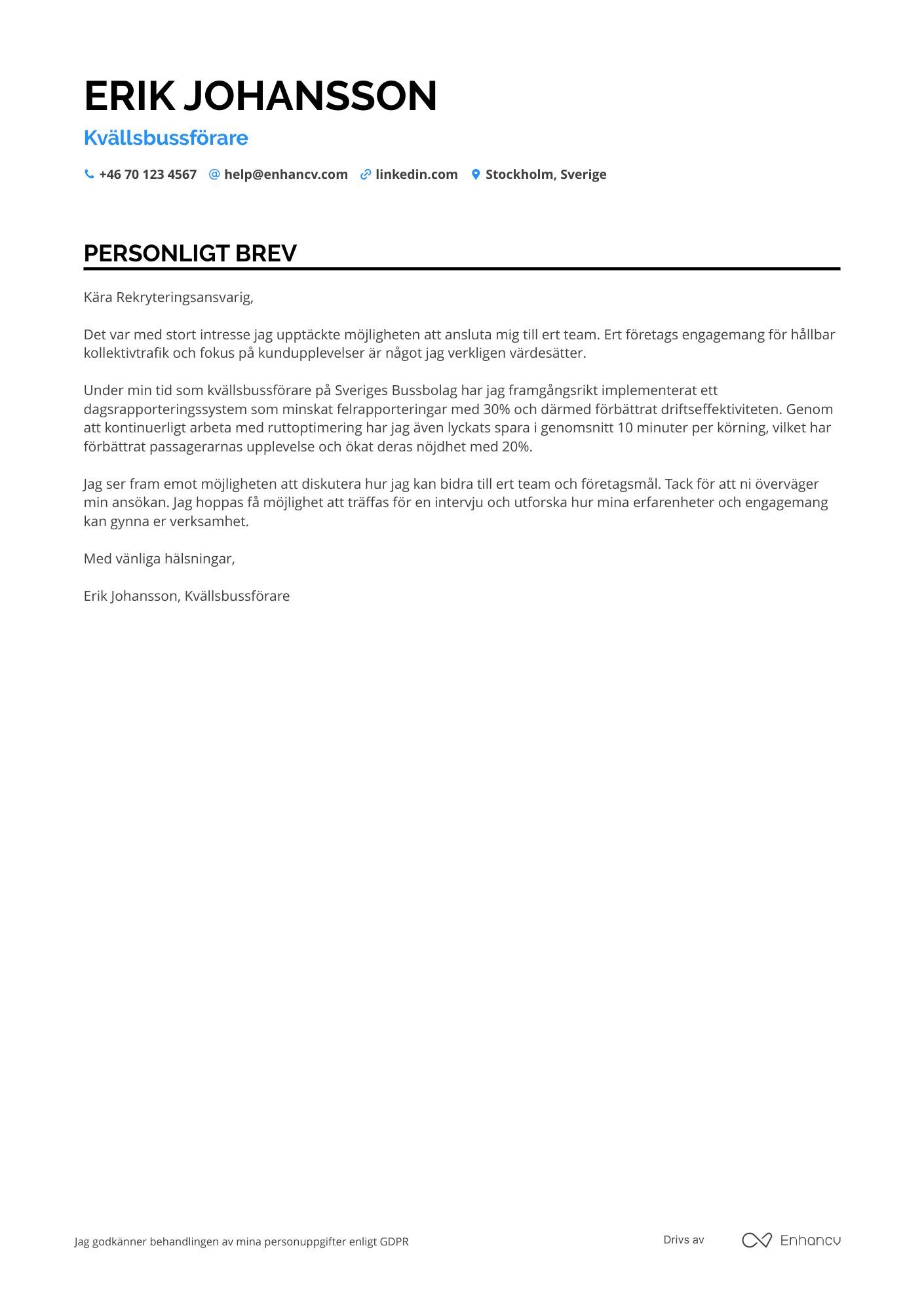 Personligt brev för Kvällsbussförare Resume Example