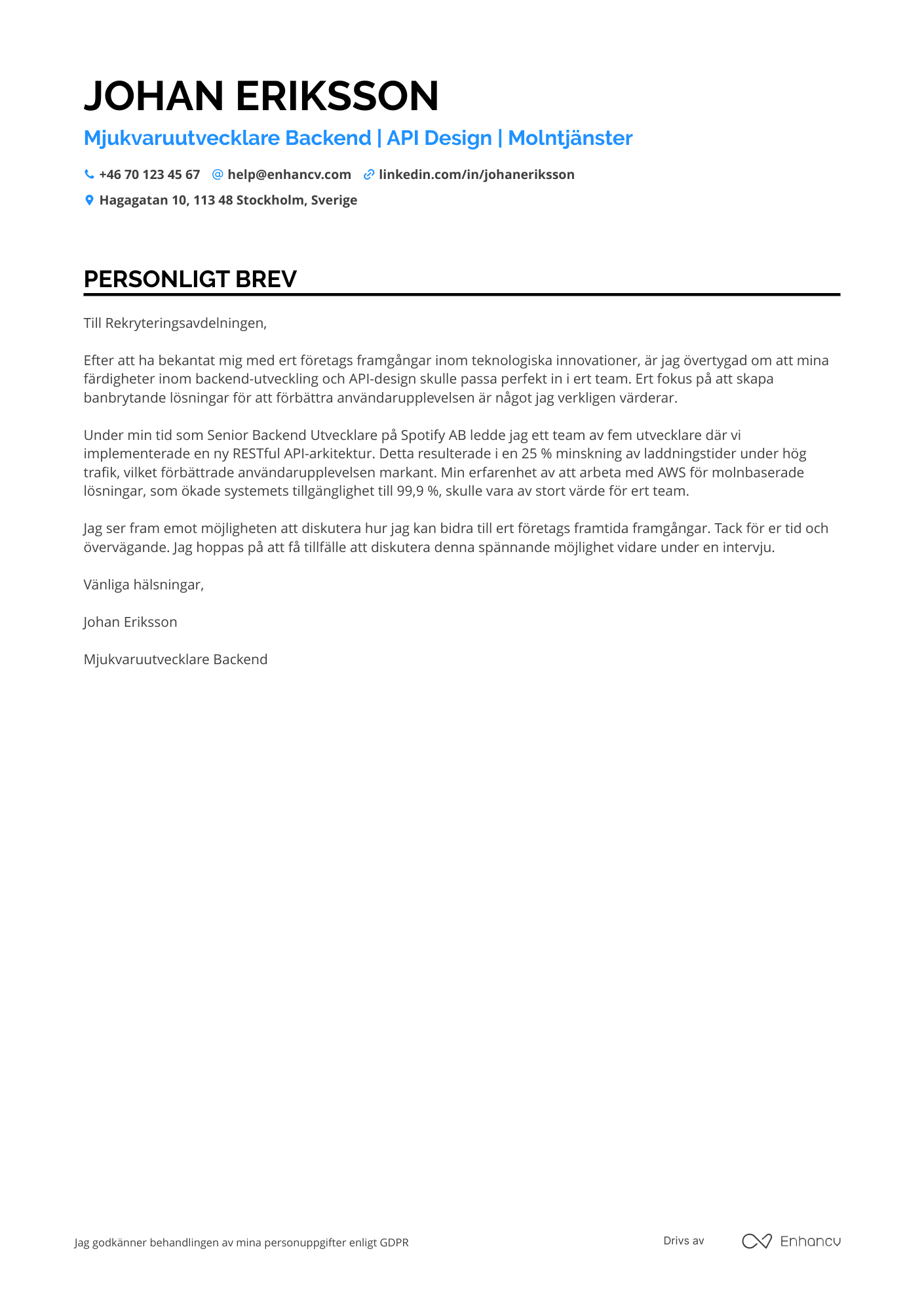 Personligt brev för Mjukvaruutvecklare Backend Resume Example