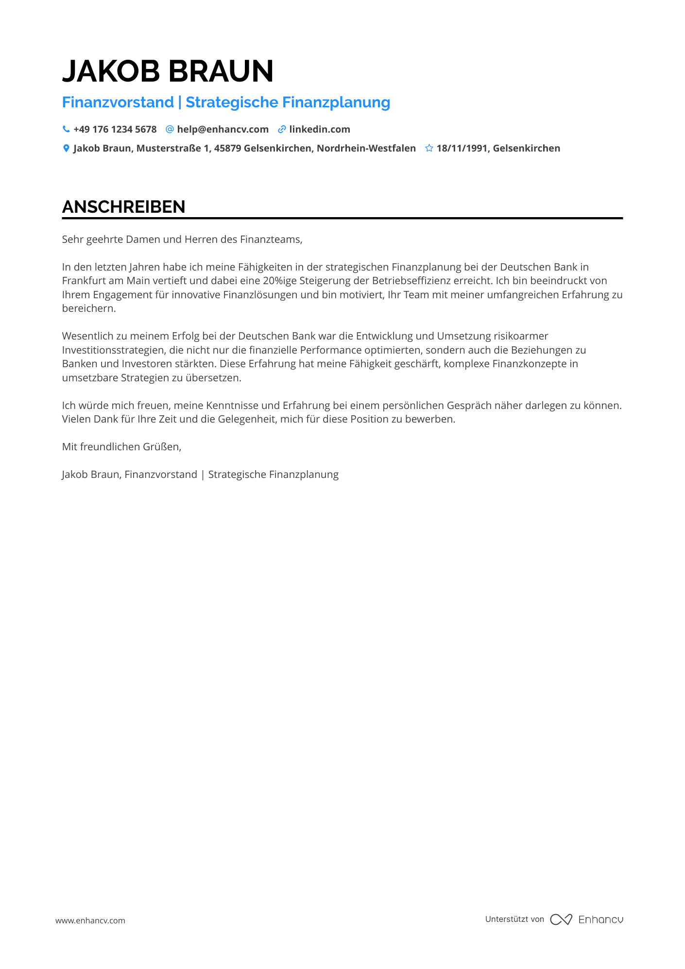 Finanzvorstand mit 10 Jahren Erfahrung Resume Example