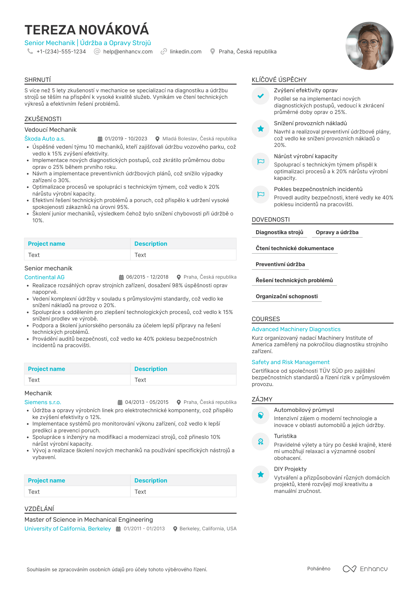 Životopis pro Senior mechanik Resume Example